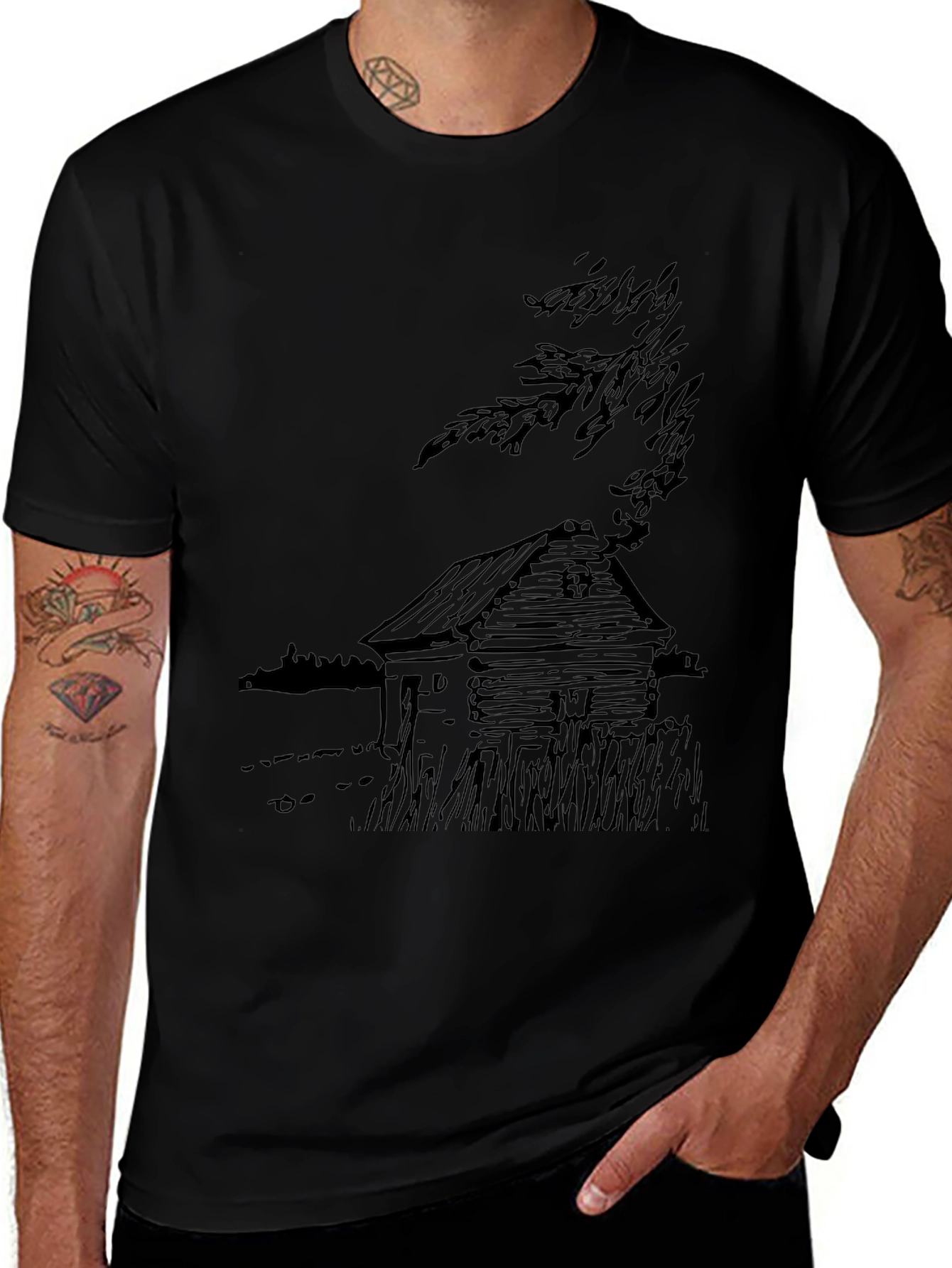 Cabin Sketch Black T-Shirt