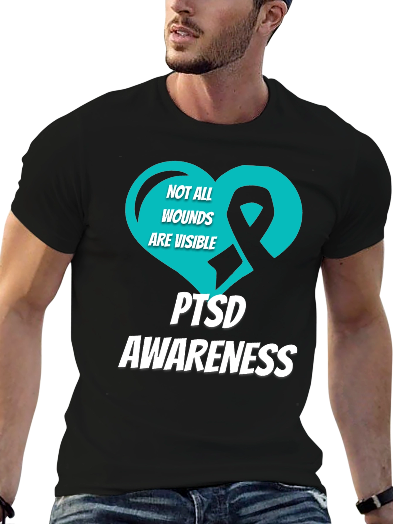 PTSD Awareness T-Shirt - Teal Heart Ribbon Design