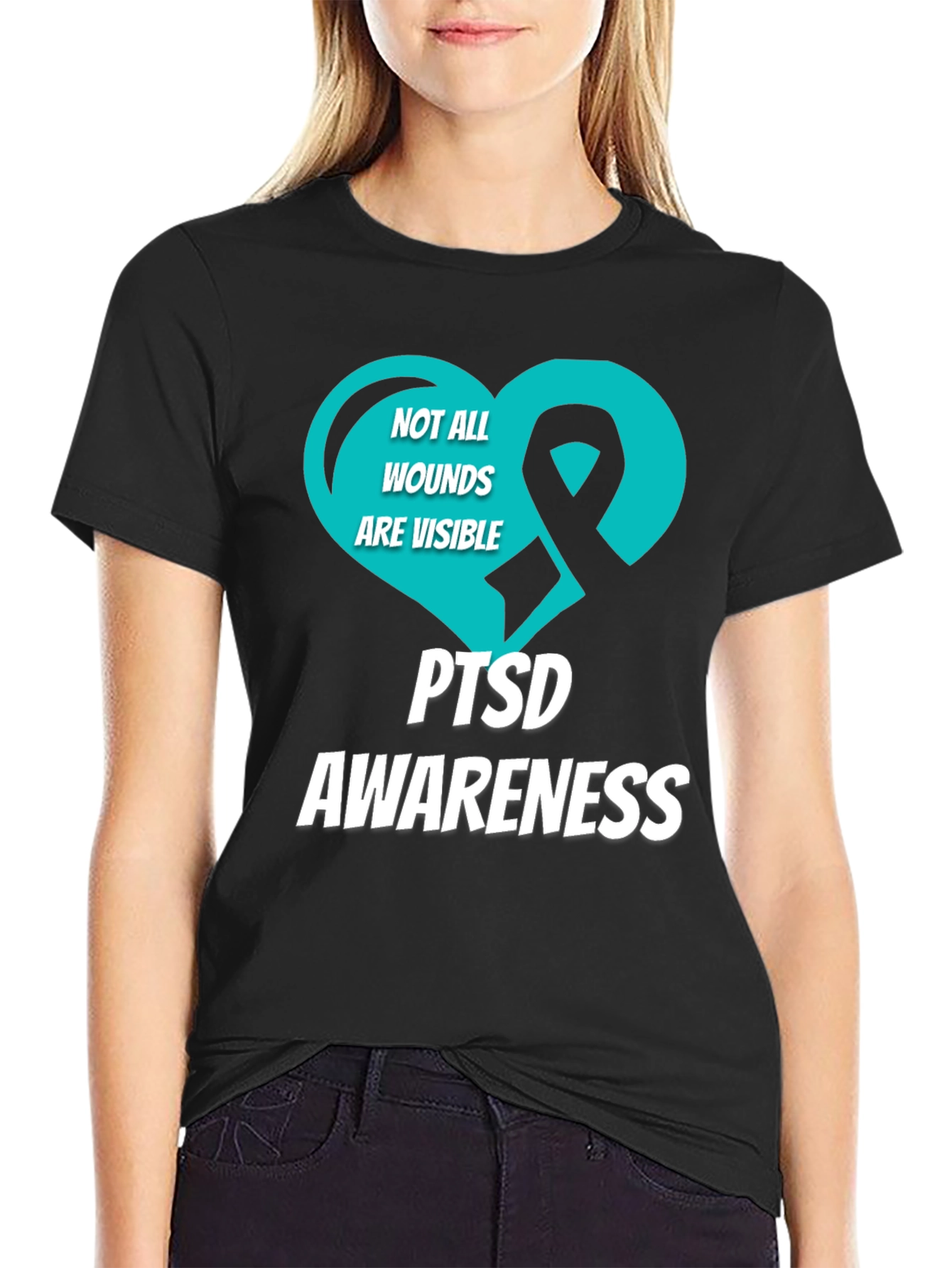 PTSD Awareness T-Shirt - Teal Heart Ribbon Design