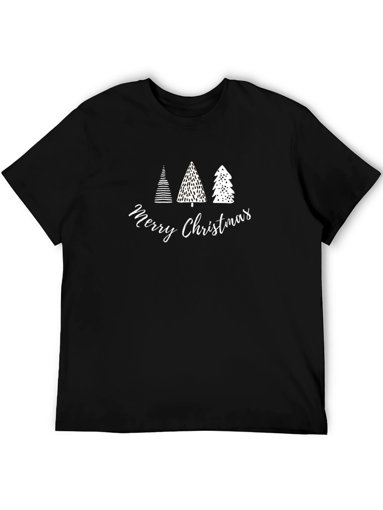 Merry Christmas Trees Graphic Tee - Black Cotton T-Shirt