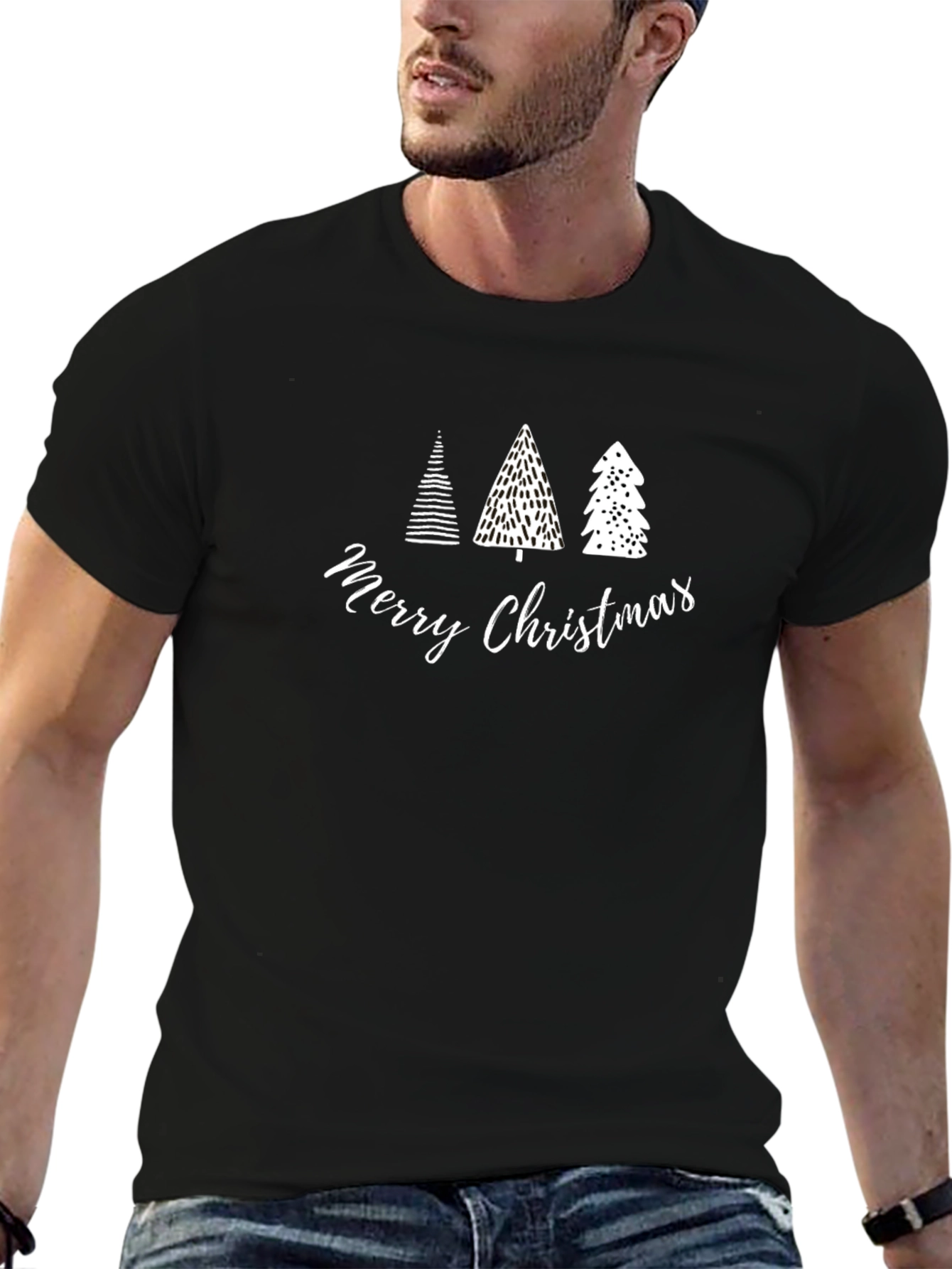 Merry Christmas Trees Graphic Tee - Black Cotton T-Shirt