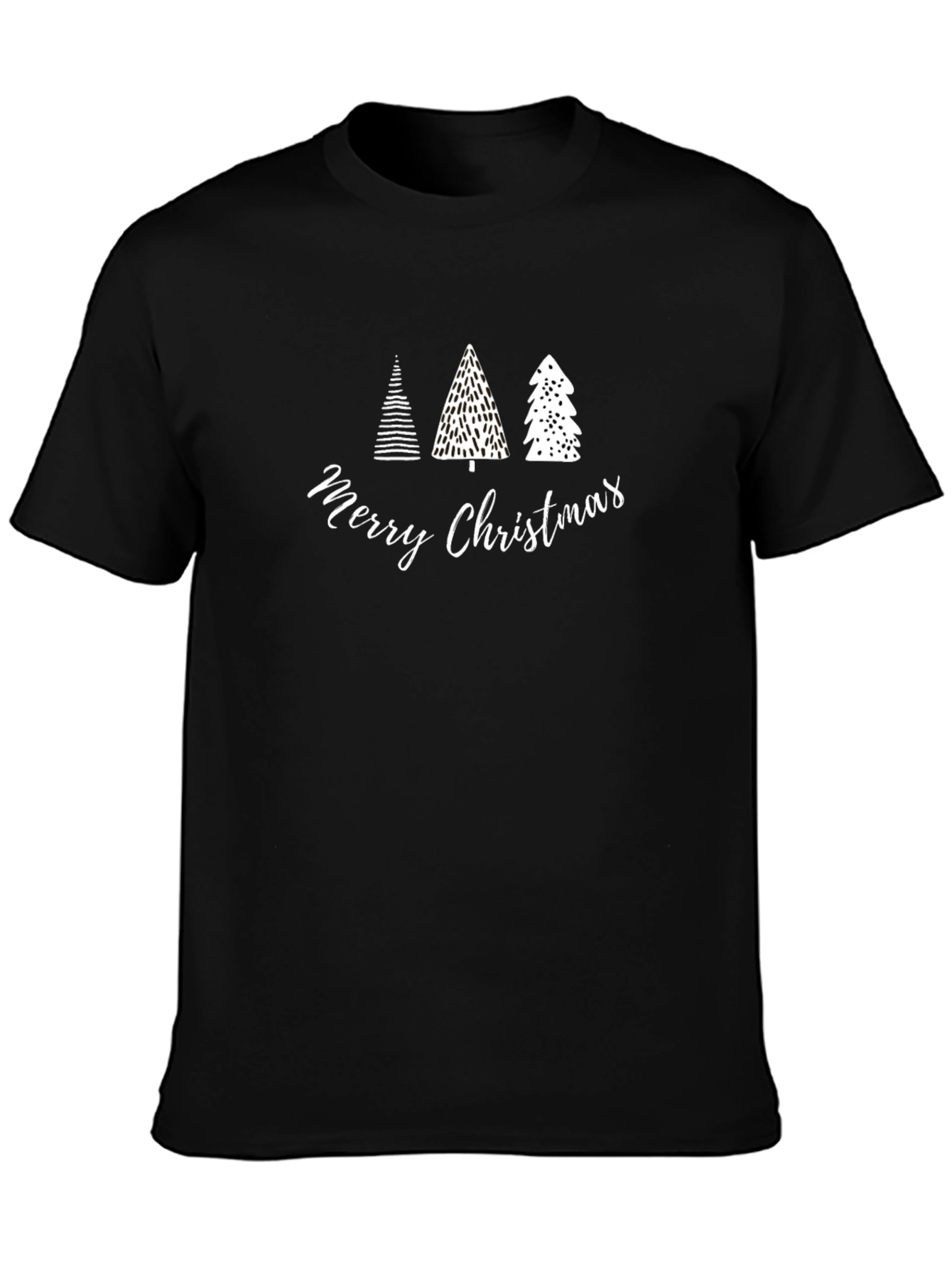 Merry Christmas Trees Graphic Tee - Black Cotton T-Shirt