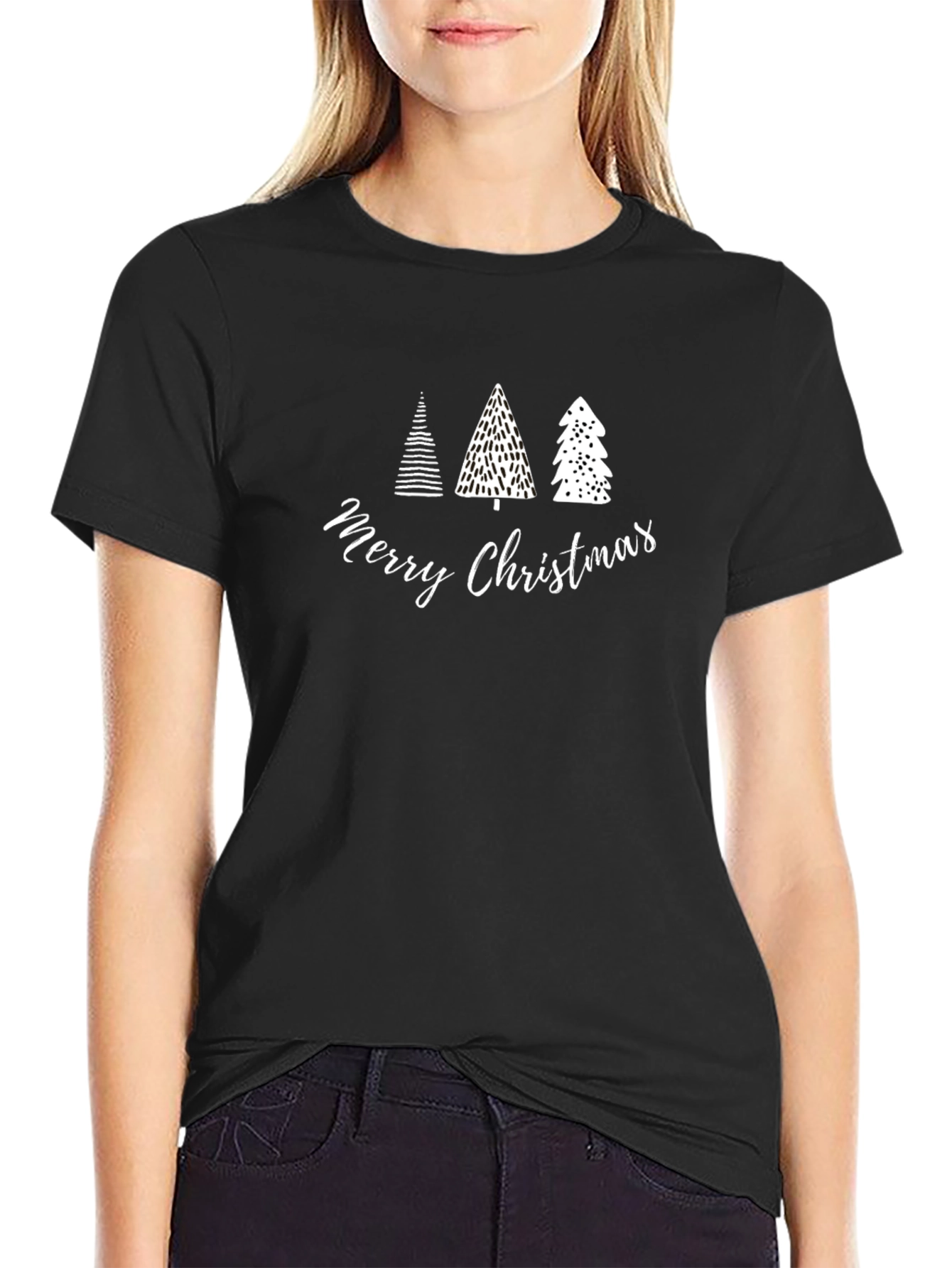 Merry Christmas Trees Graphic Tee - Black Cotton T-Shirt