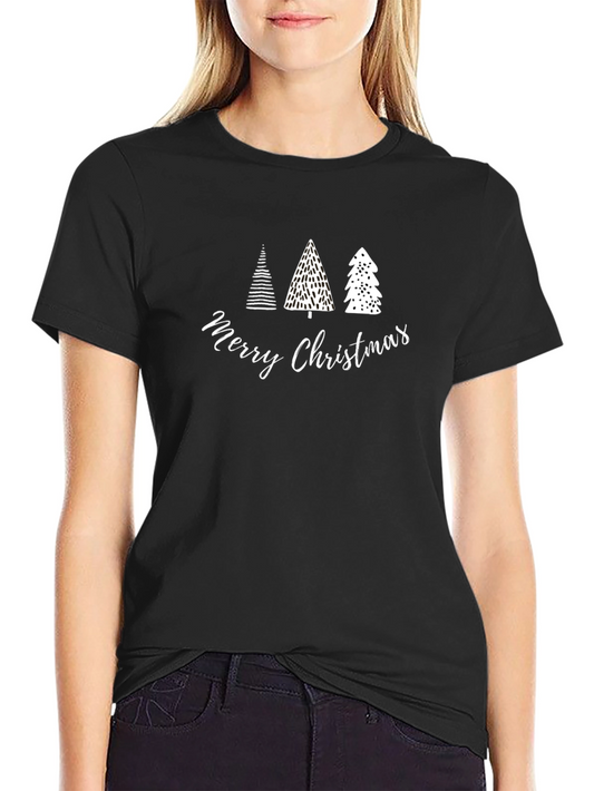Merry Christmas Trees Graphic Tee - Black Cotton T-Shirt