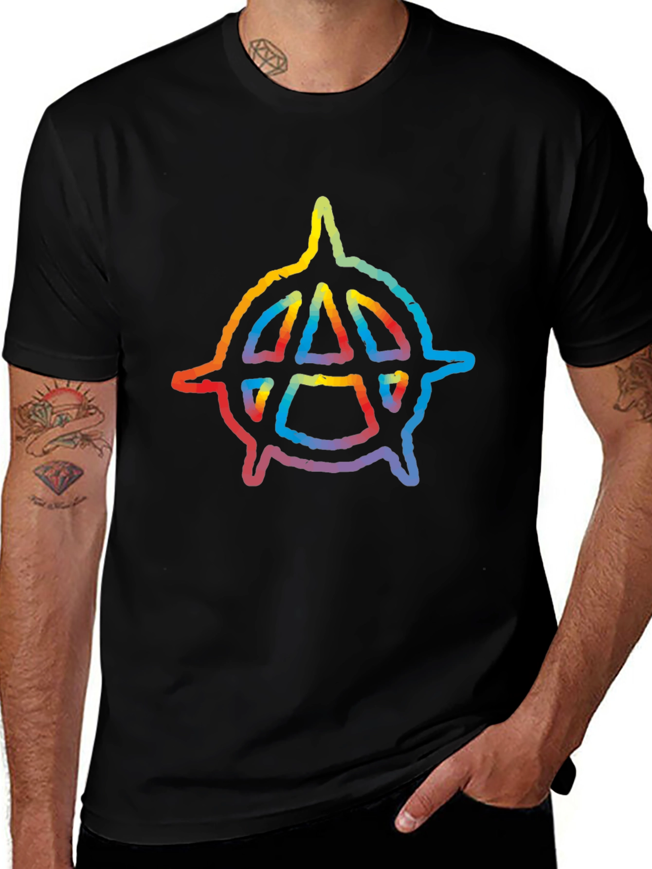 Rainbow Anarchy Symbol Black T-Shirt