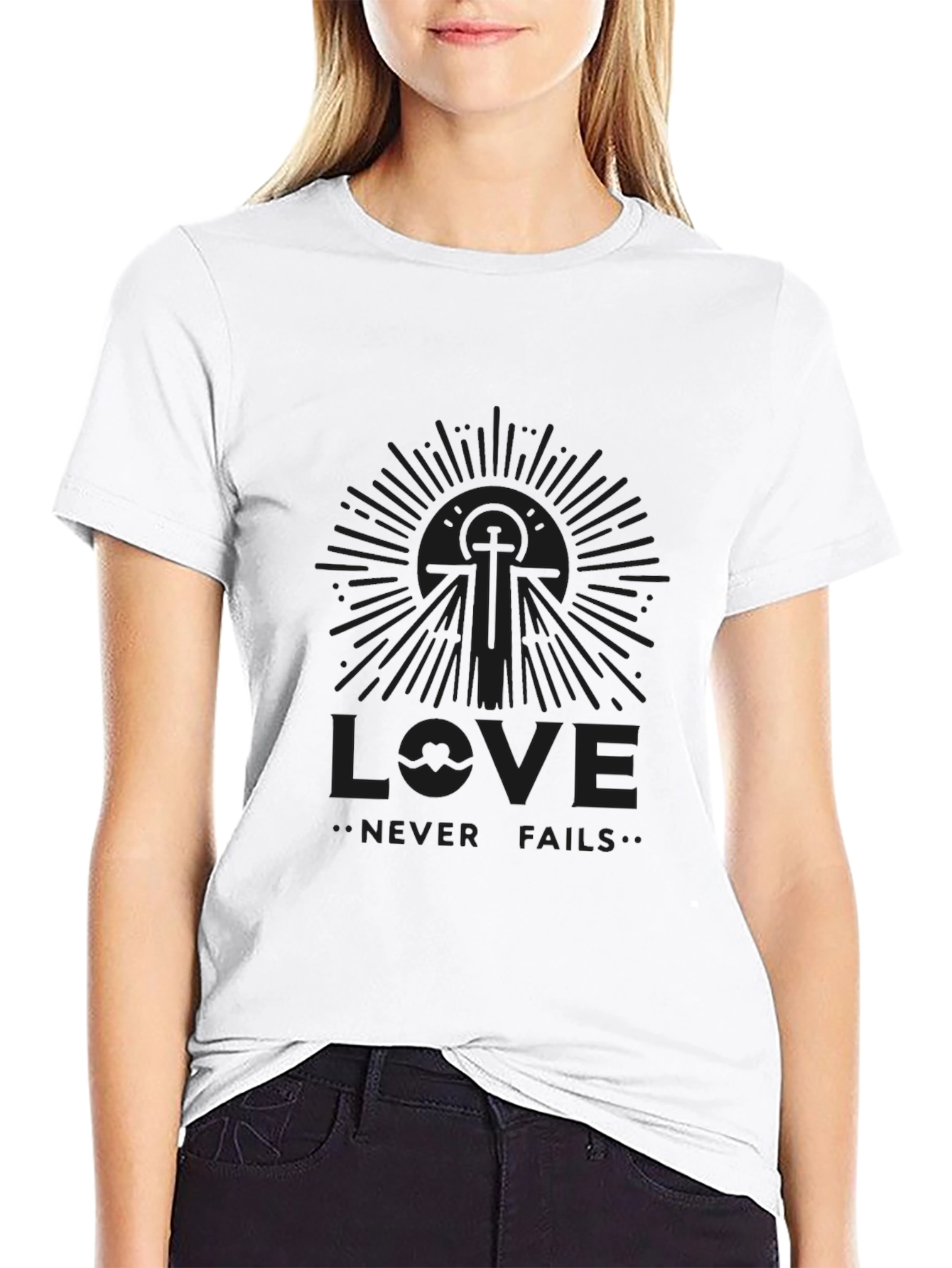 Love Never Fails Black Graphic T-Shirt