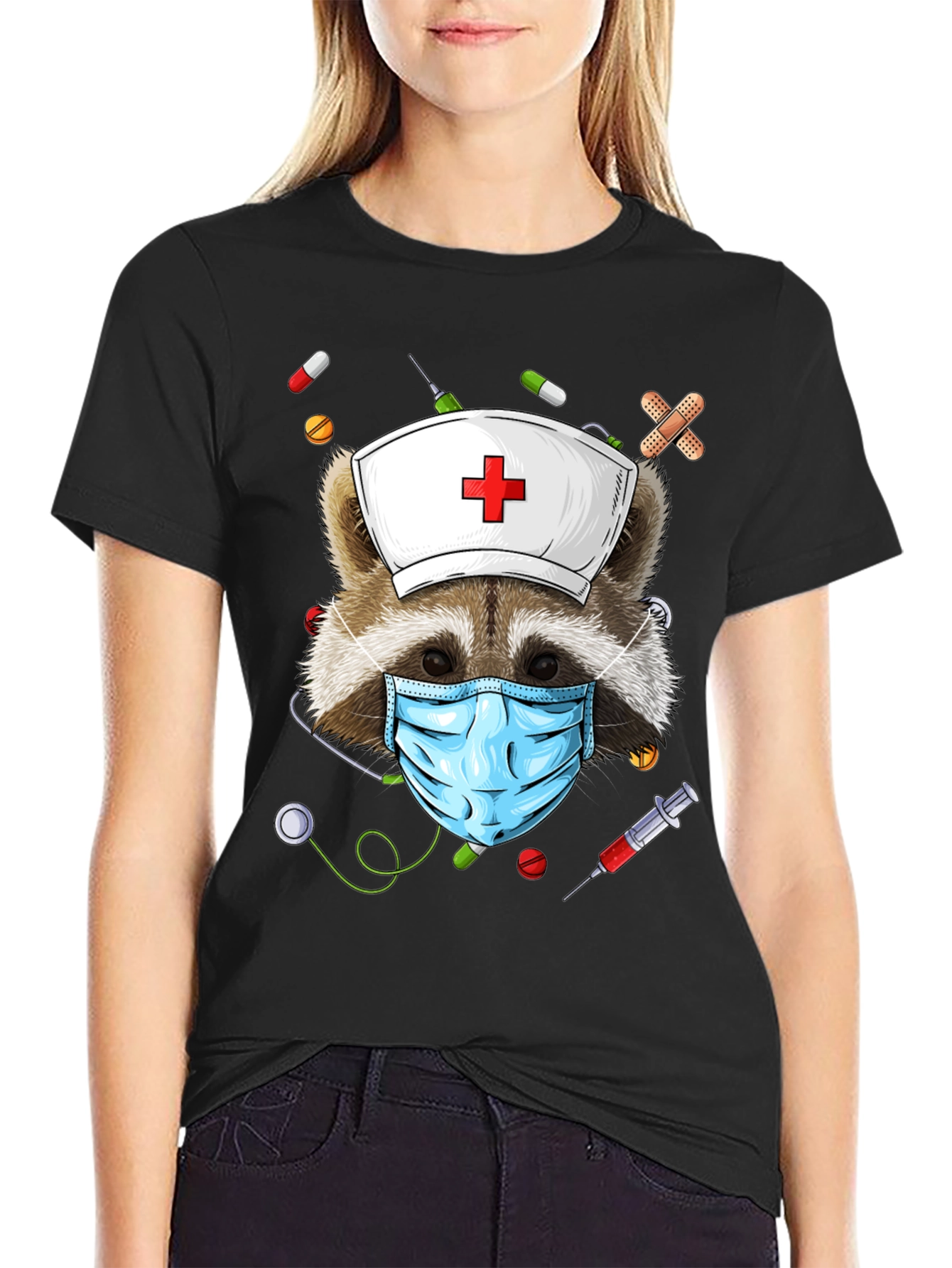 Nurse Raccoon Graphic T-Shirt