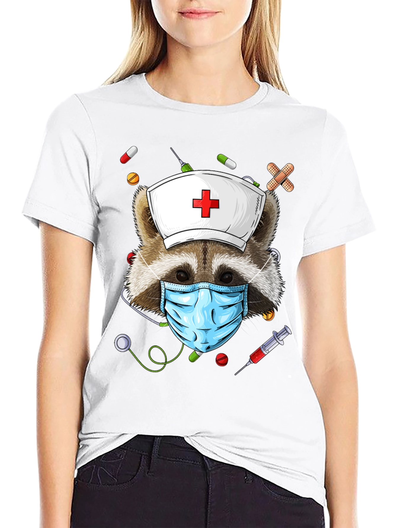 Nurse Raccoon Graphic T-Shirt