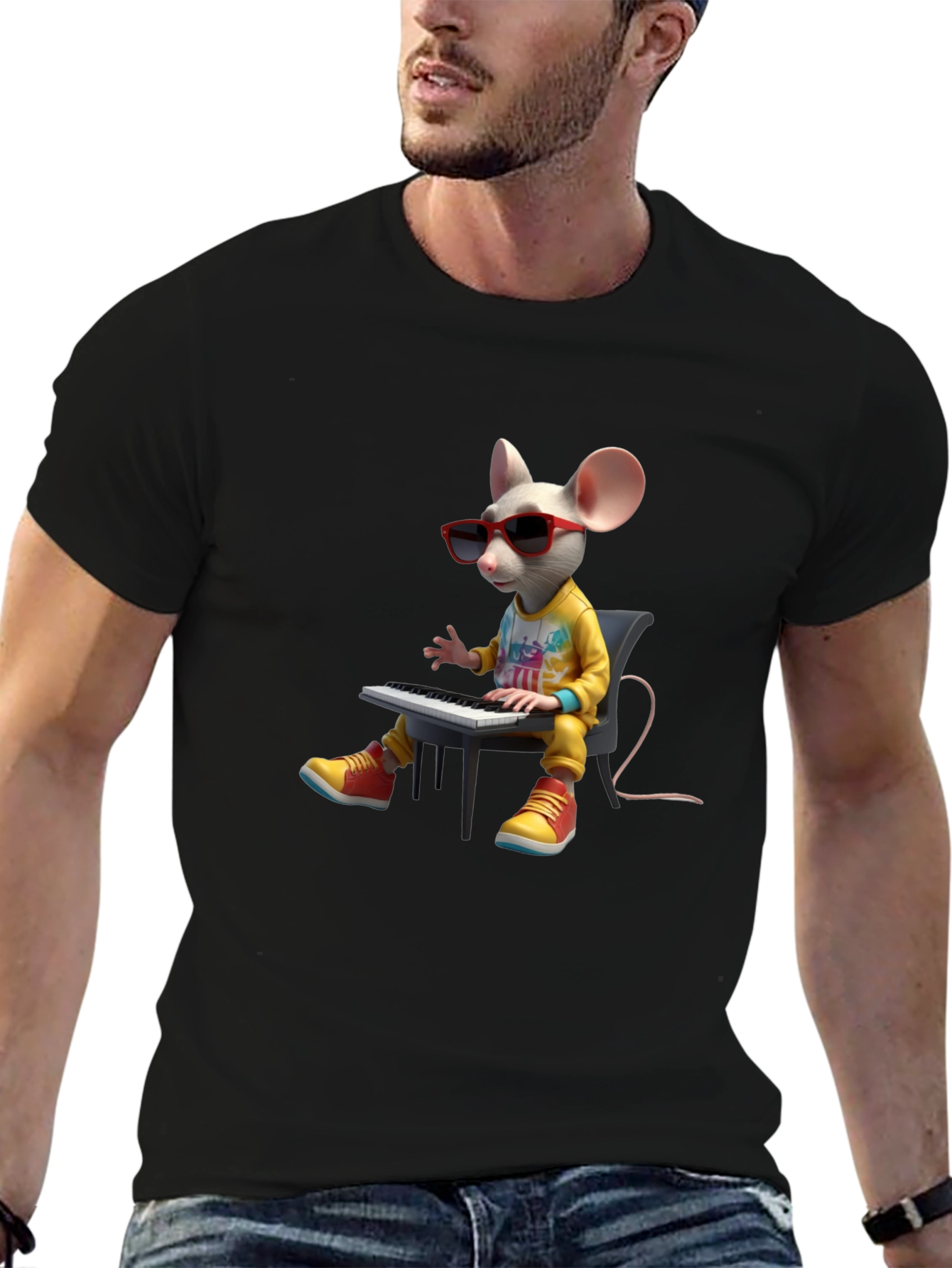 Cool Mouse Playing Piano Black T-Shirt
