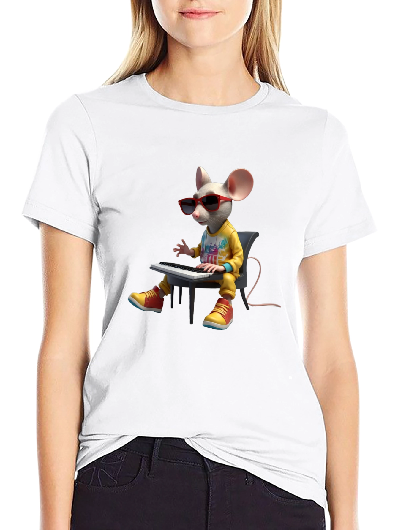 Cool Mouse Playing Piano Black T-Shirt