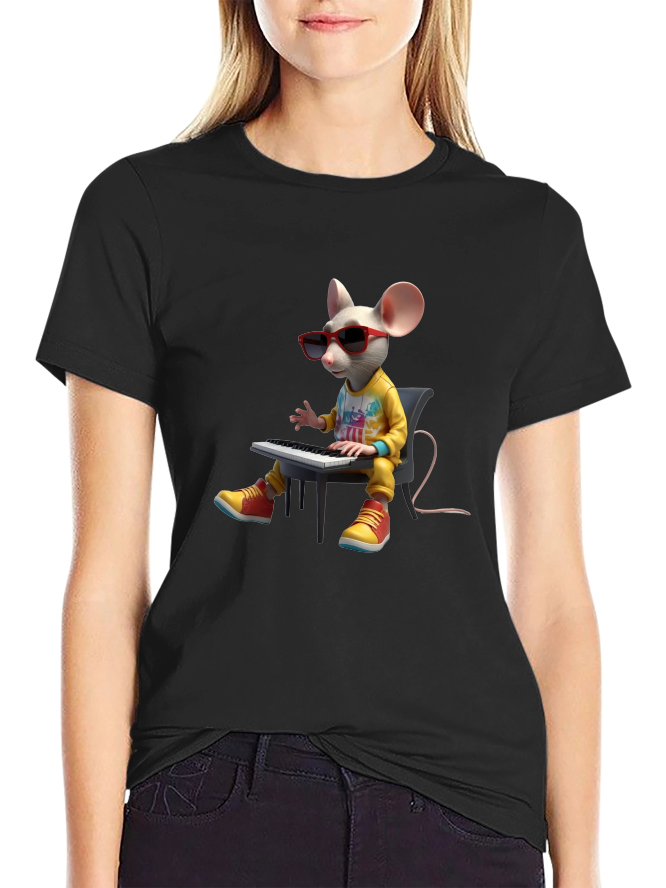 Cool Mouse Playing Piano Black T-Shirt