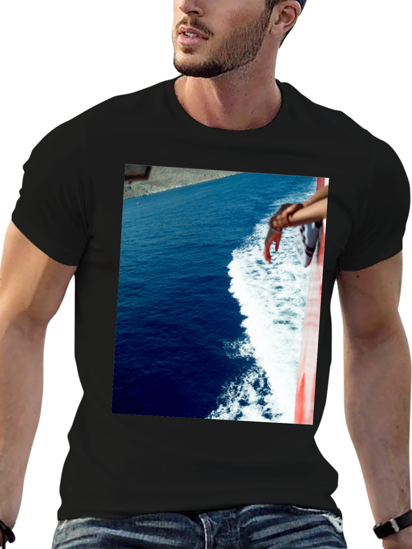 Ocean View Graphic Tee - Black Cotton T-Shirt