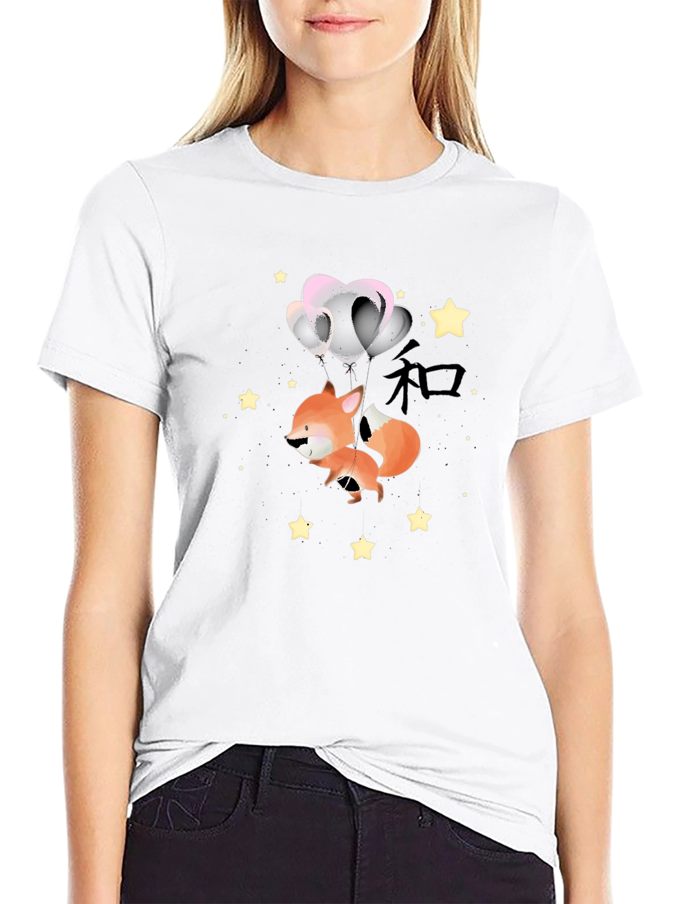 Fox with Balloons Graphic Black T-Shirt