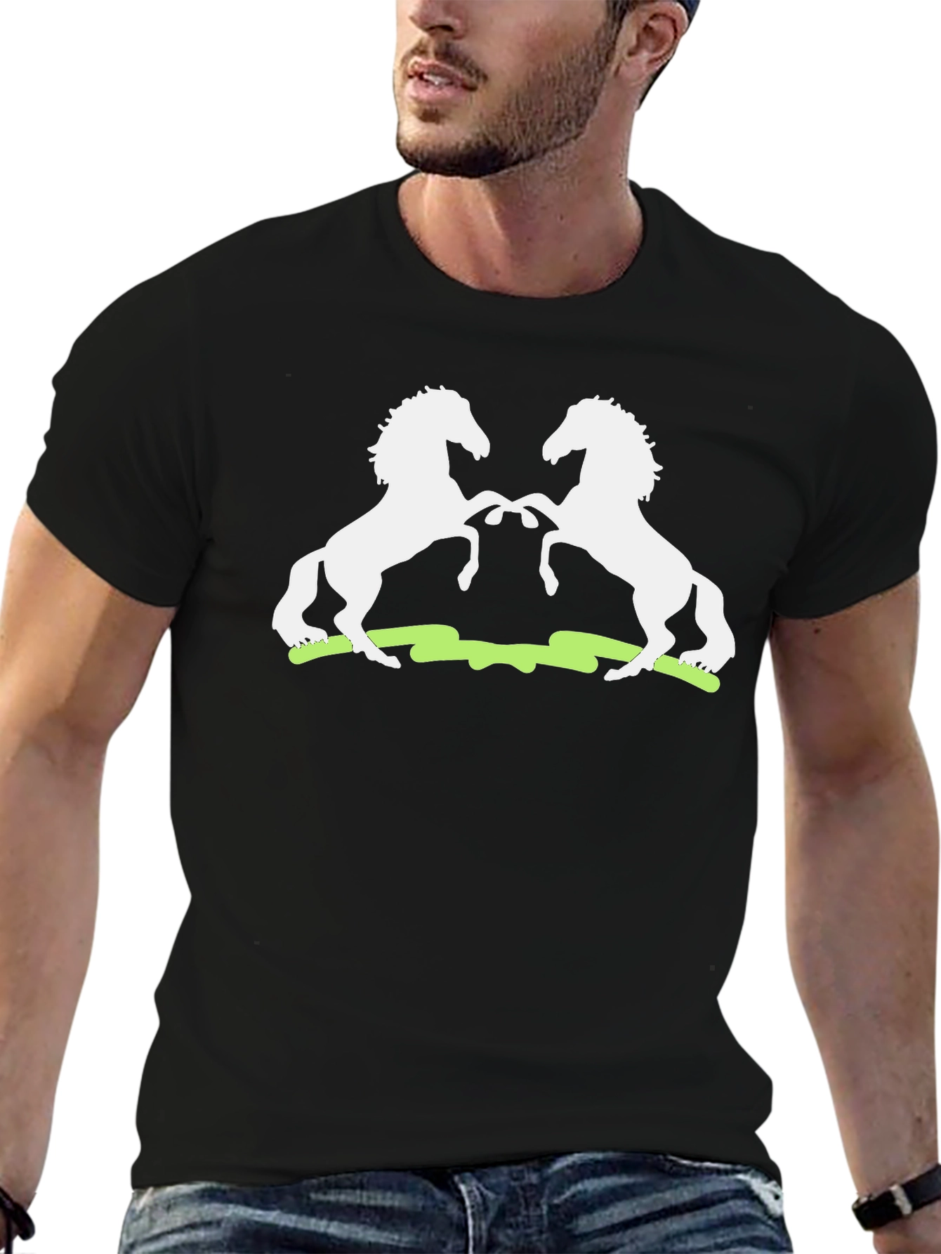 Graphic Tee: White Stallions on Black Cotton