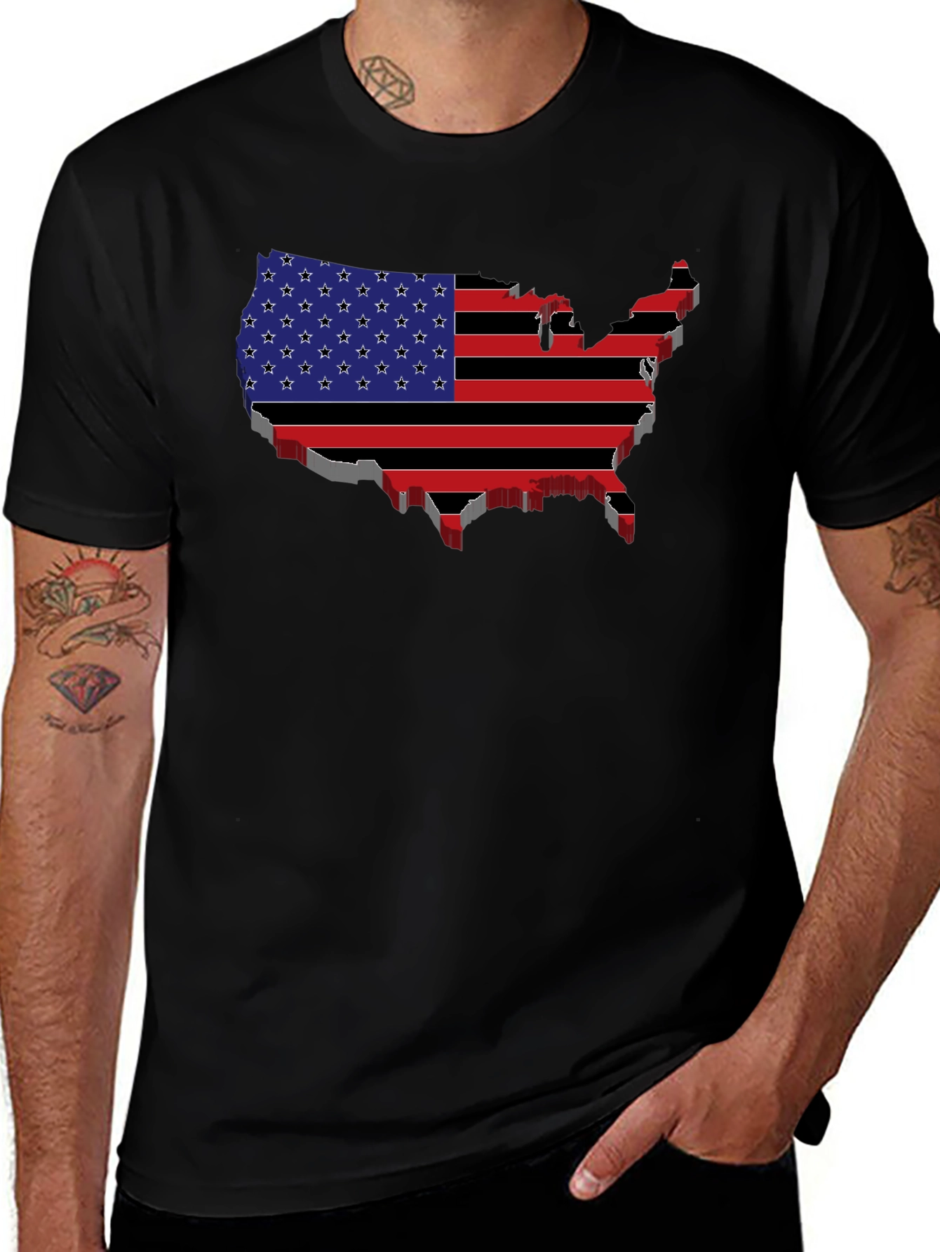 USA Flag Map Black T-Shirt
