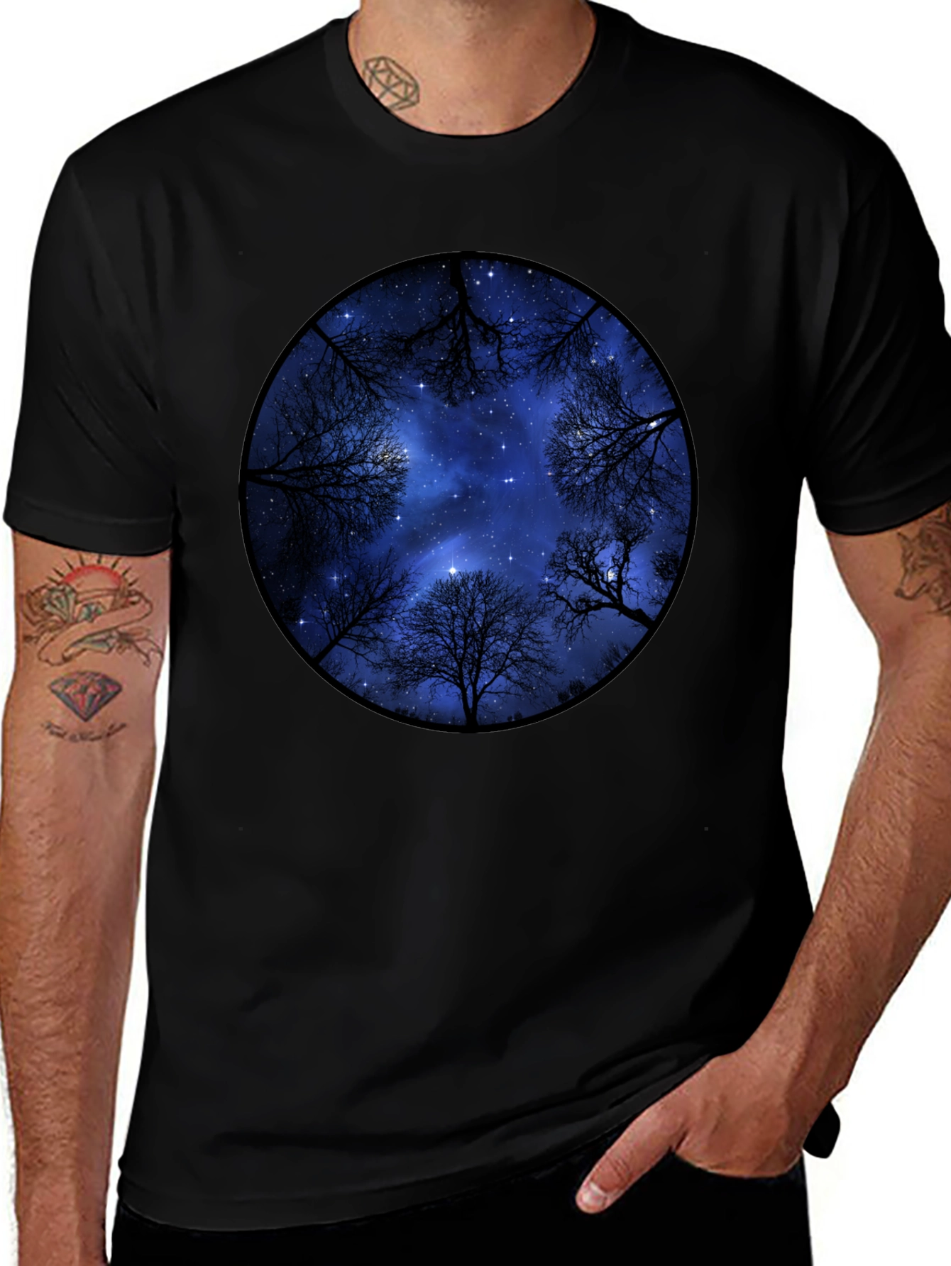 Starry Sky Trees Graphic Tee - Black Cotton Blend
