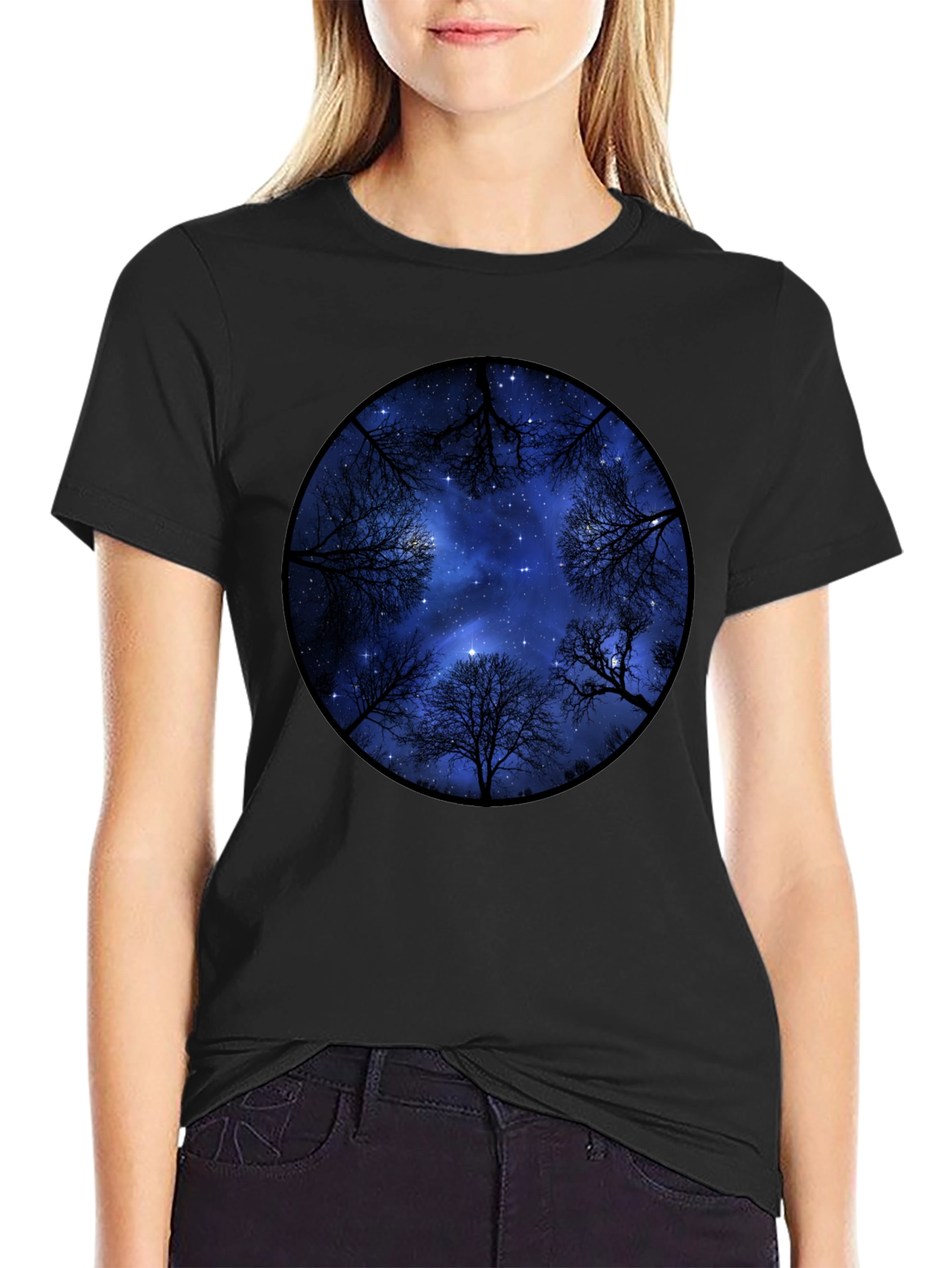 Starry Sky Trees Graphic Tee - Black Cotton Blend