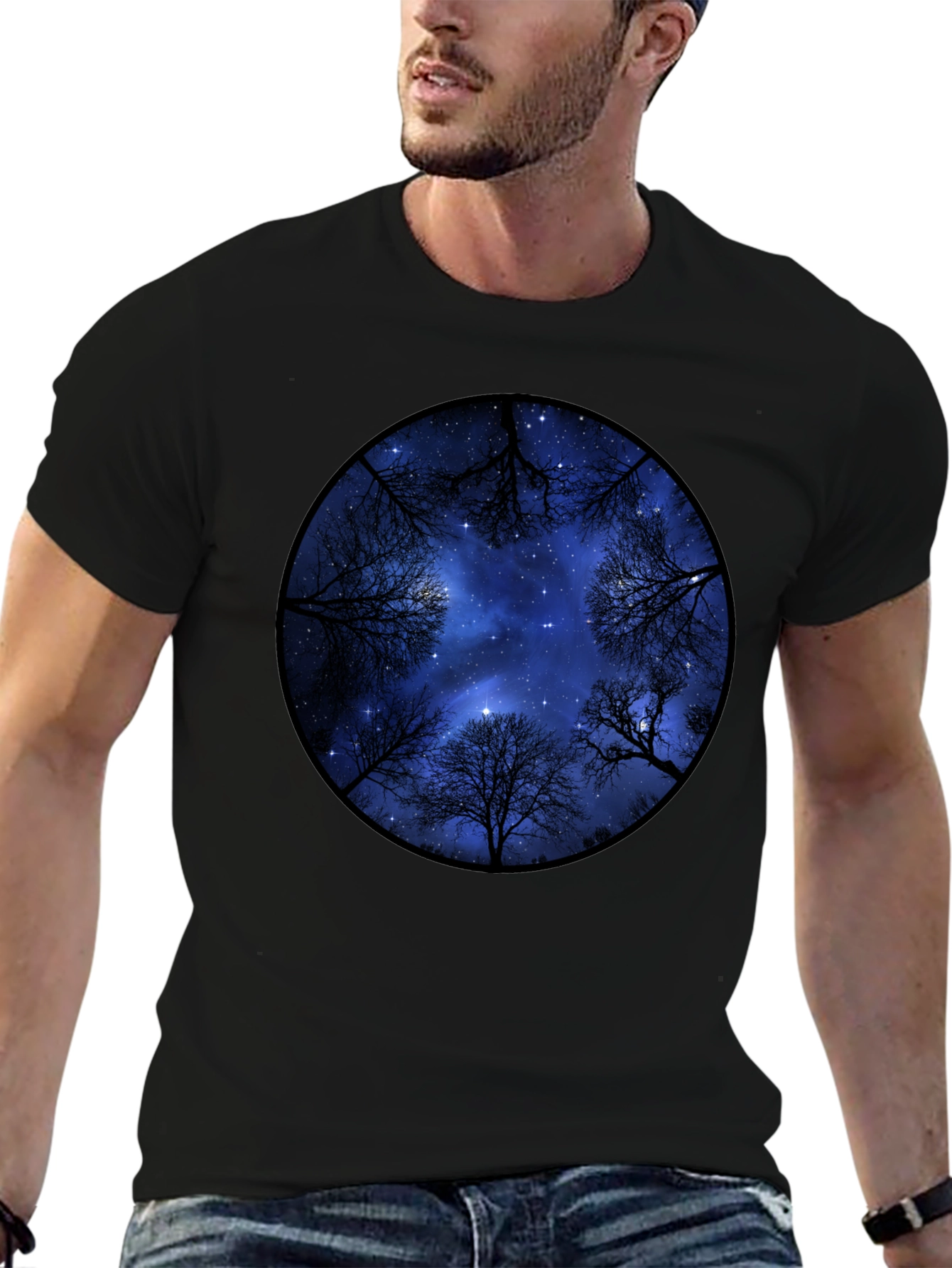 Starry Sky Trees Graphic Tee - Black Cotton Blend