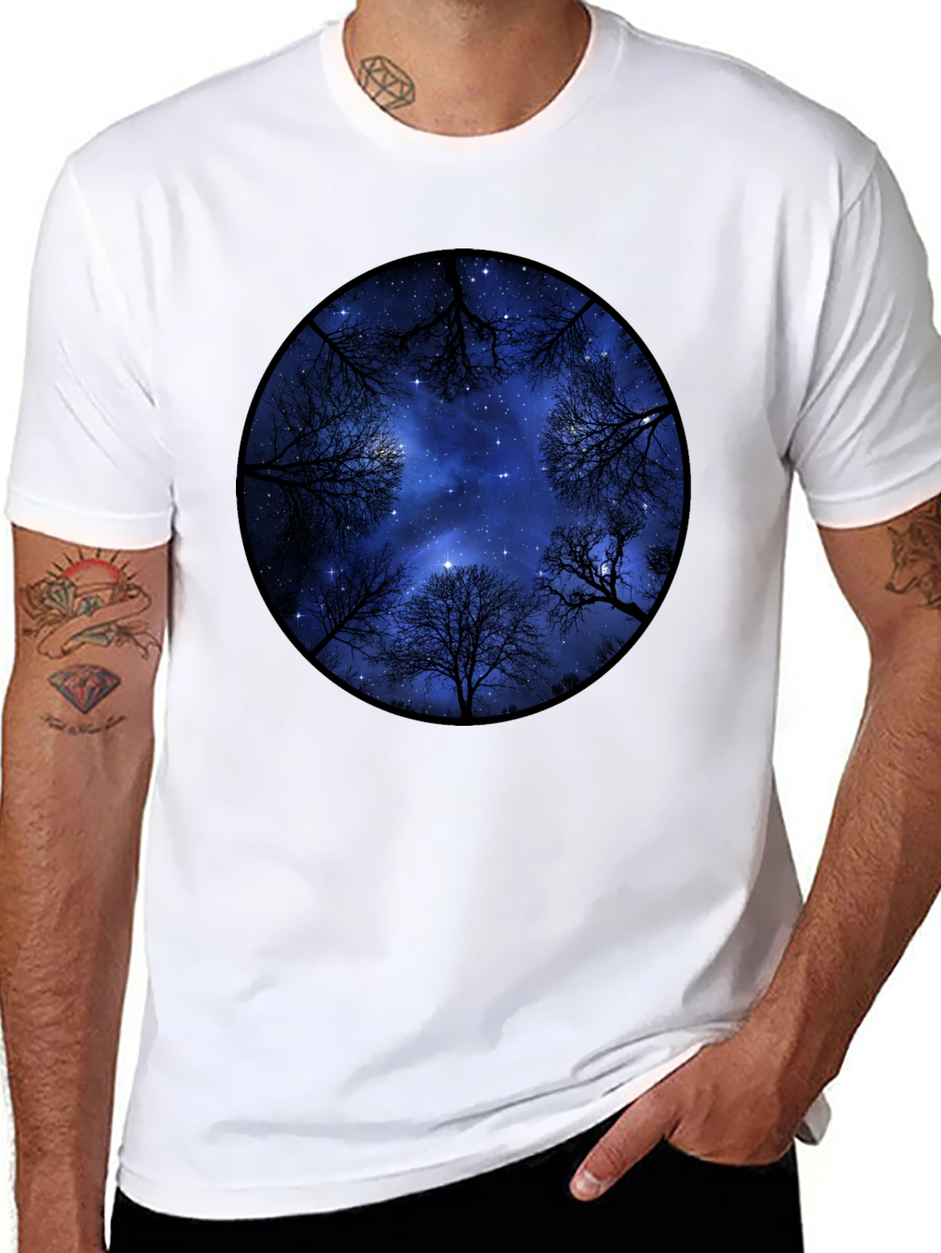 Starry Sky Trees Graphic Tee - Black Cotton Blend