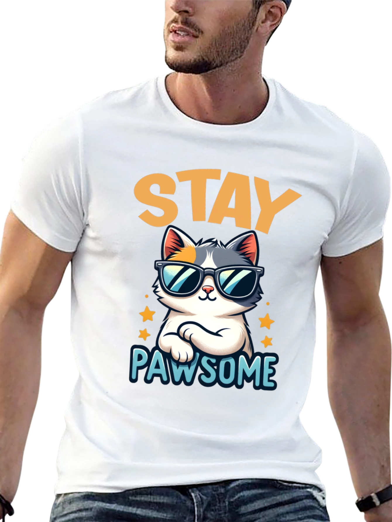 Stay Pawsome Cat T-Shirt - Cool Kitty Tee