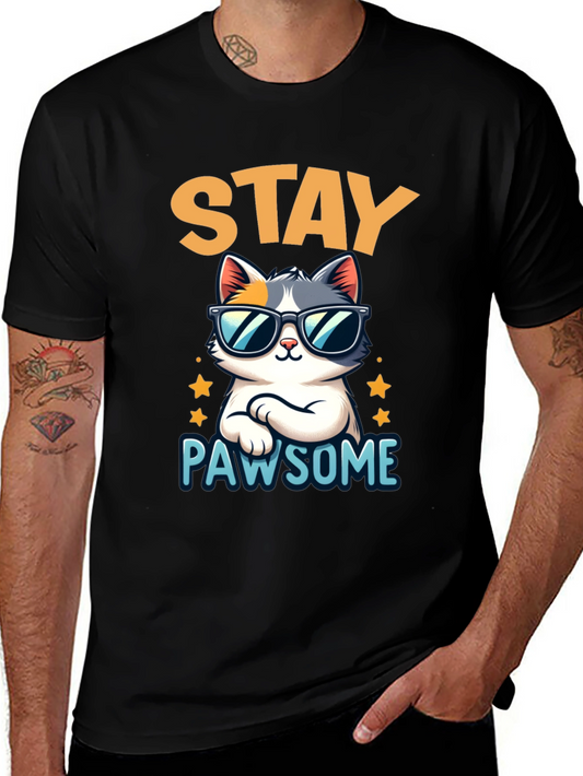 Stay Pawsome Cat T-Shirt - Cool Kitty Tee