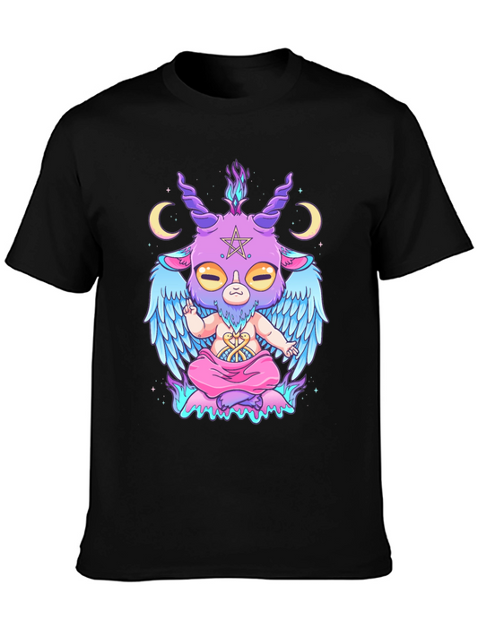 Baphomet Cartoon Graphic Tee - Black Cotton T-Shirt