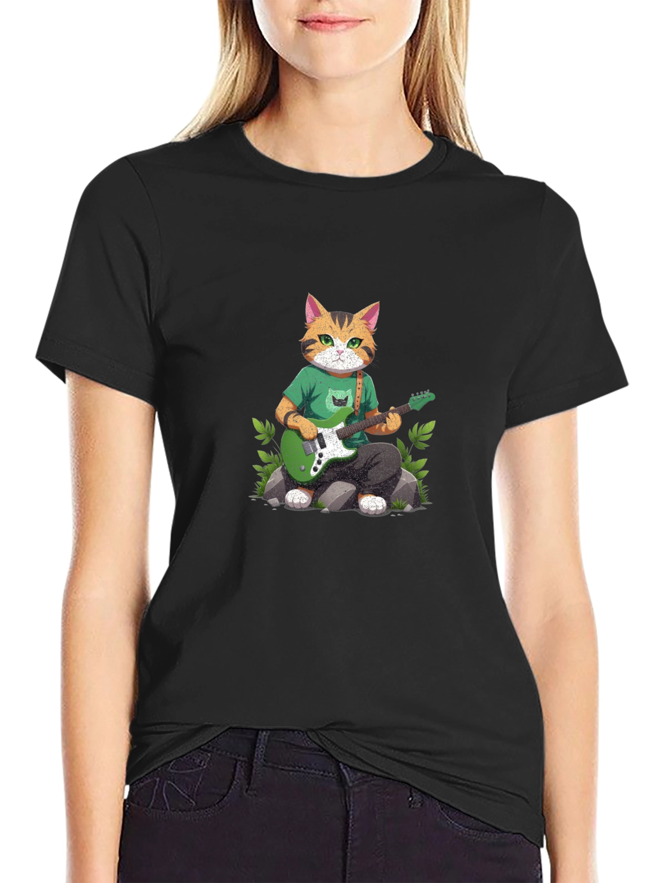 Cat Guitarist Graphic T-Shirt - Black