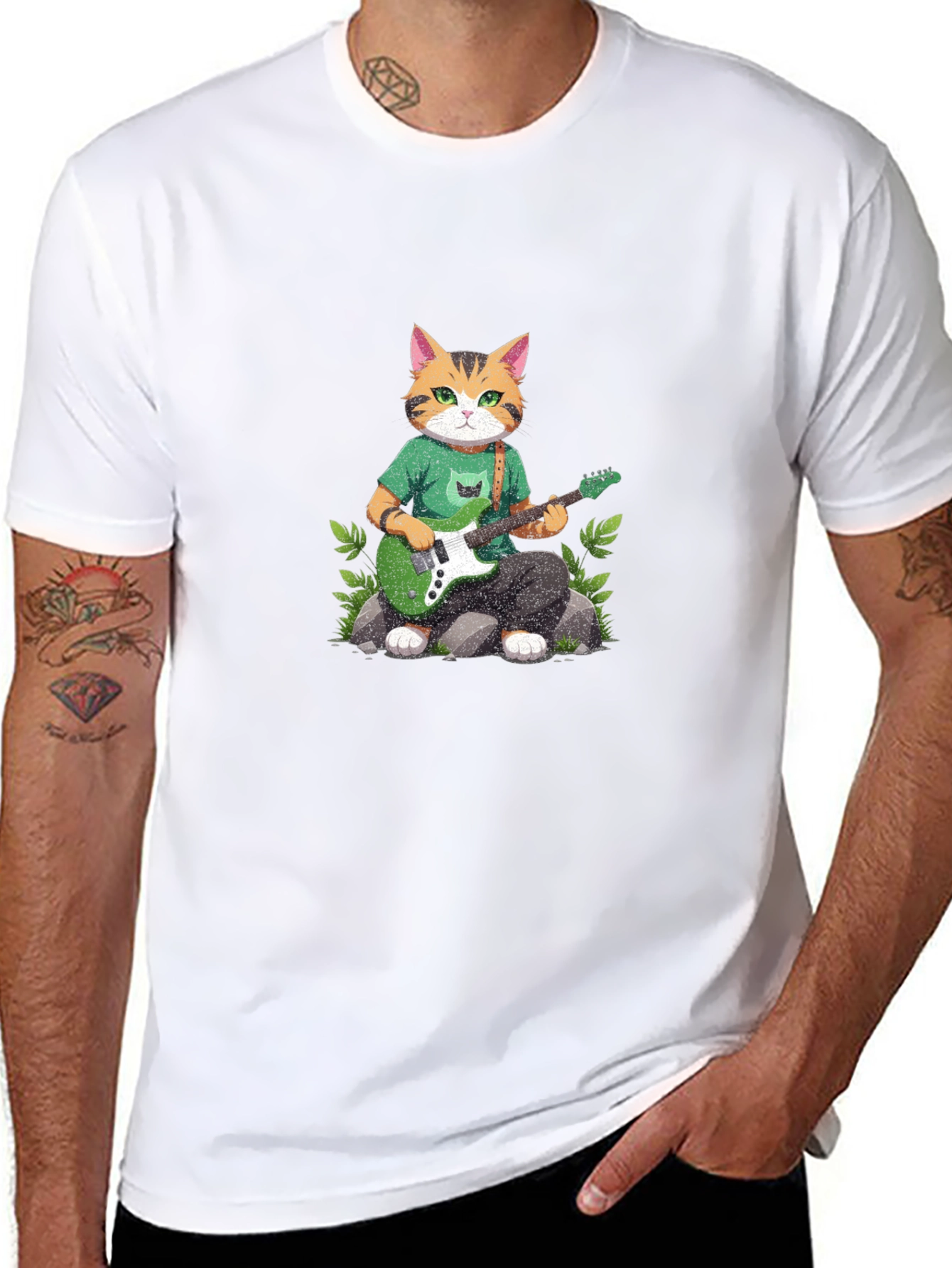 Cat Guitarist Graphic T-Shirt - Black