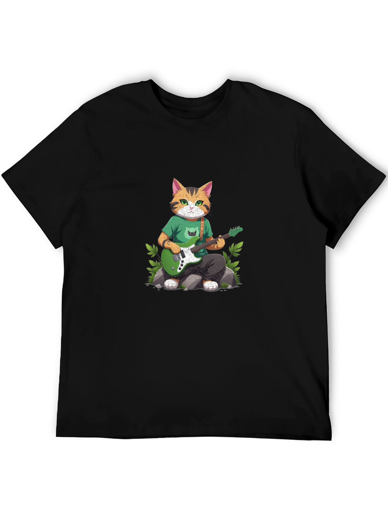 Cat Guitarist Graphic T-Shirt - Black