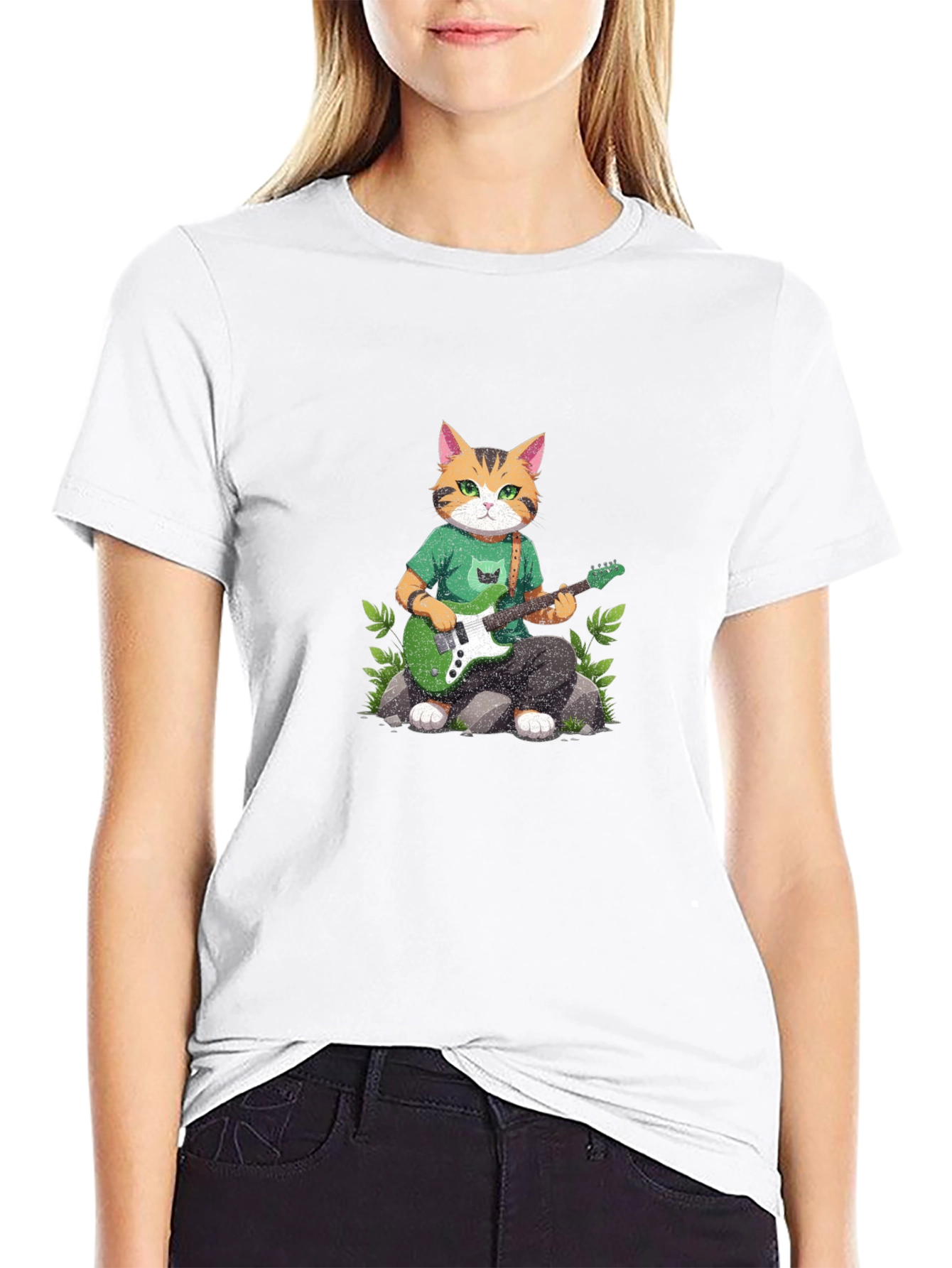Cat Guitarist Graphic T-Shirt - Black
