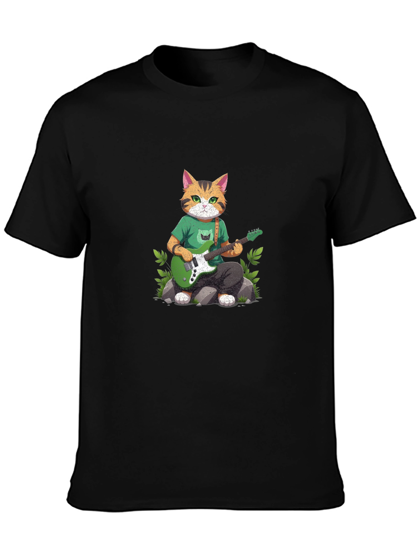 Cat Guitarist Graphic T-Shirt - Black