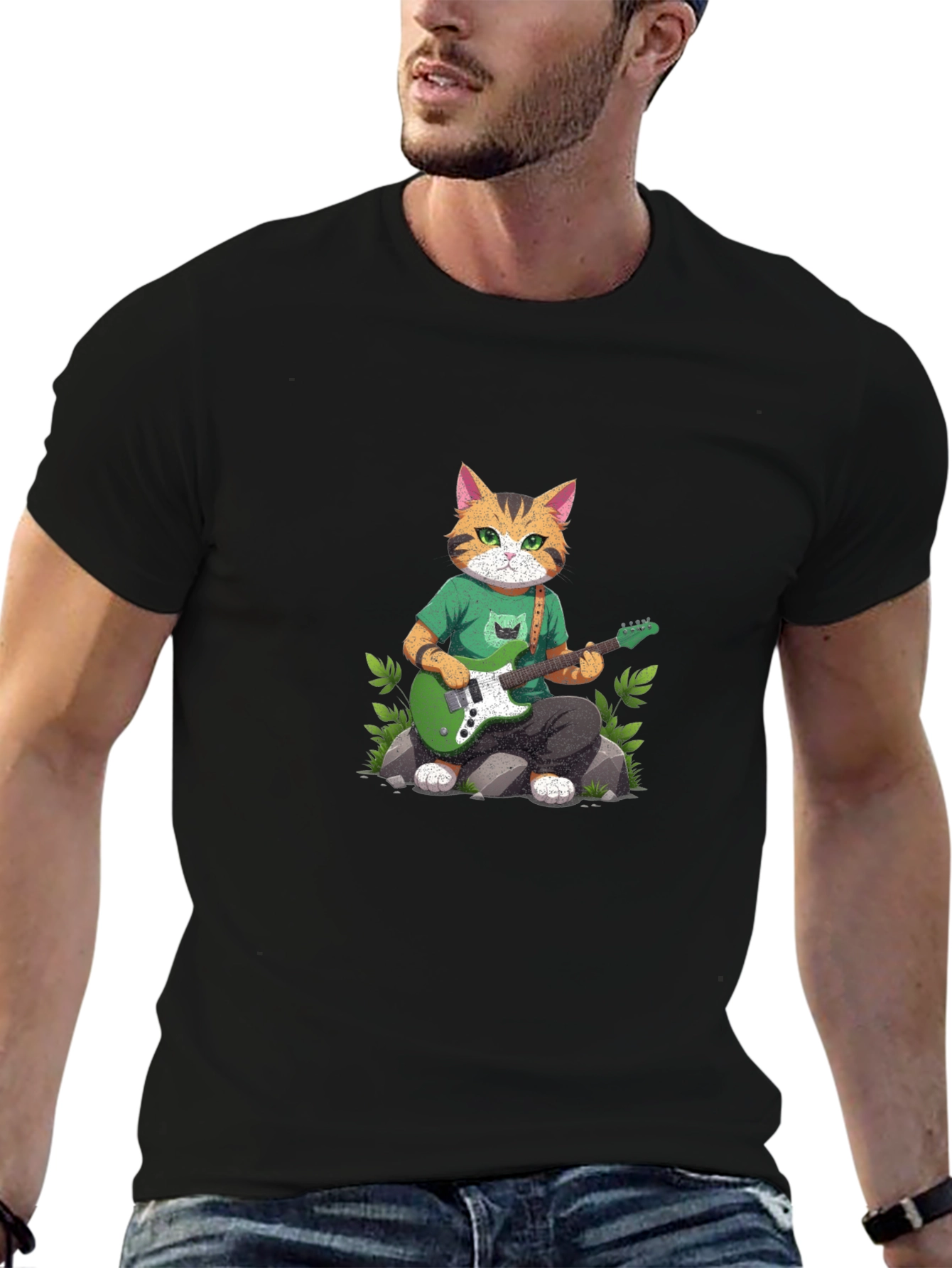 Cat Guitarist Graphic T-Shirt - Black