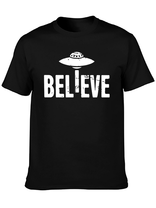 Believe UFO Black T-Shirt Novelty Graphic Tee