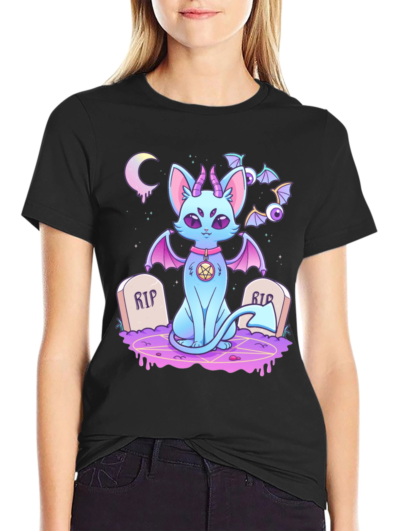 Gothic Cartoon Cat Graphic T-Shirt