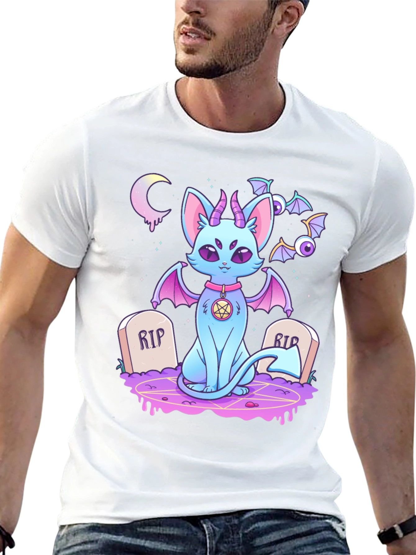 Gothic Cartoon Cat Graphic T-Shirt
