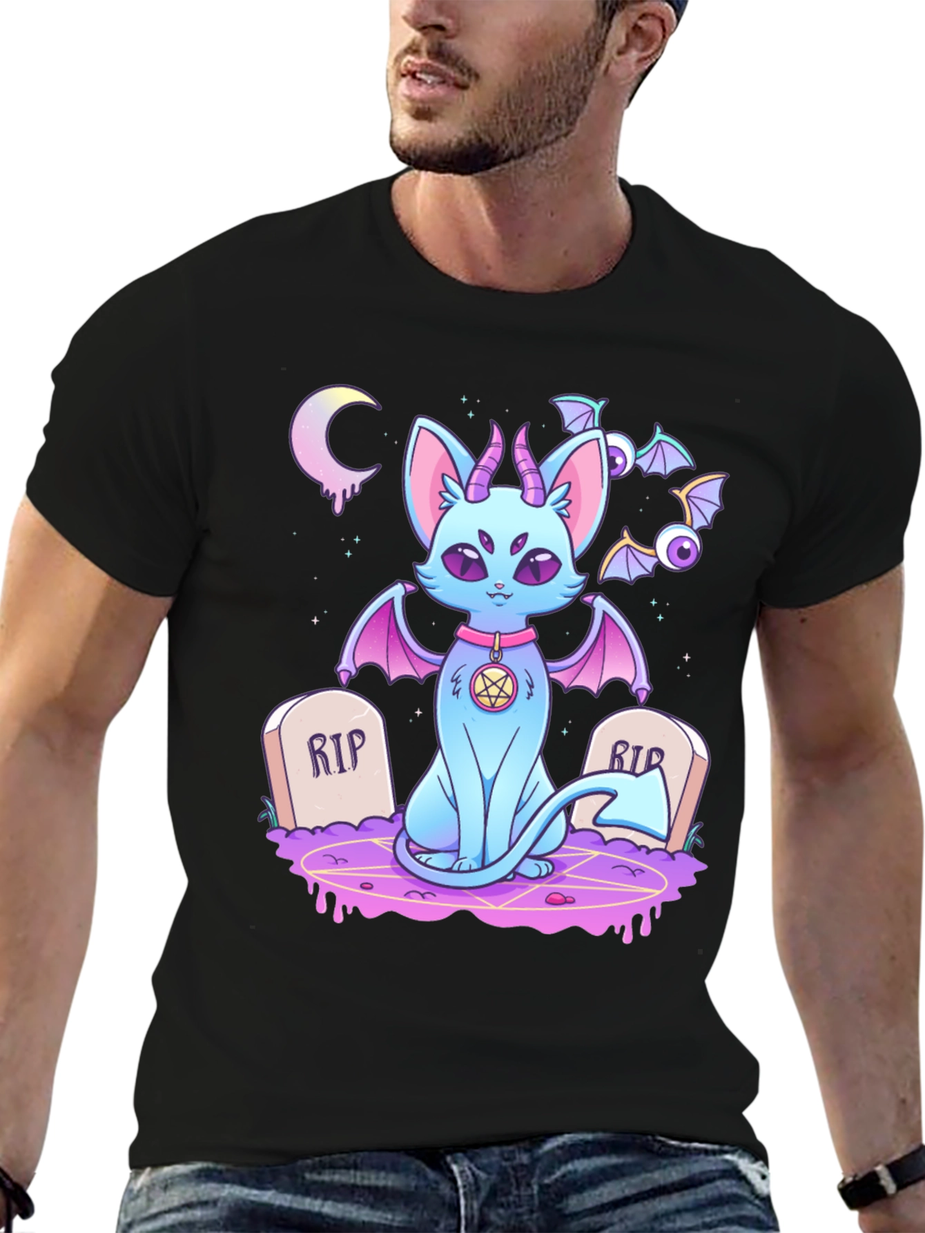 Gothic Cartoon Cat Graphic T-Shirt