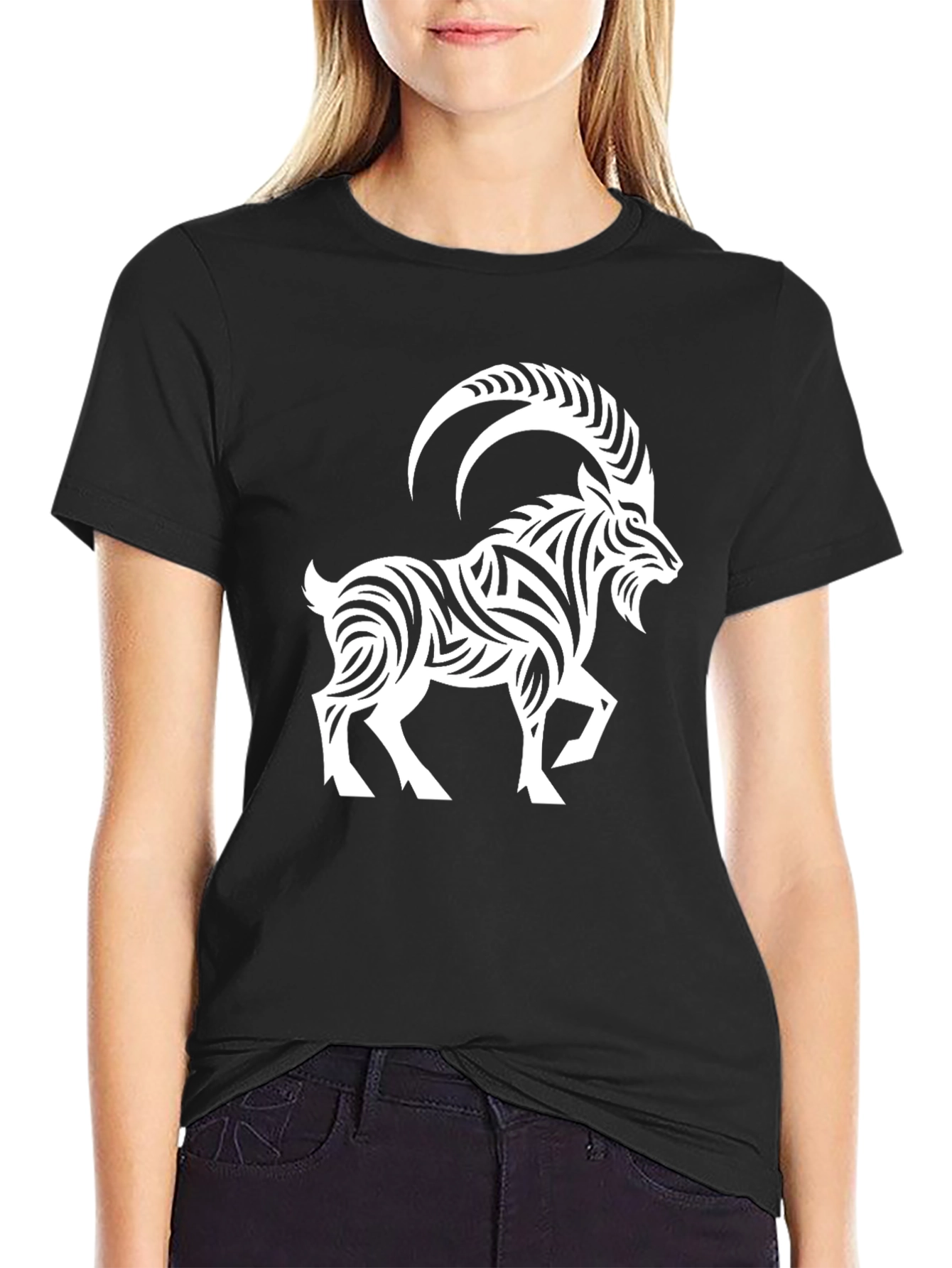 Tribal Goat Graphic Tee - Stylish Black T-Shirt