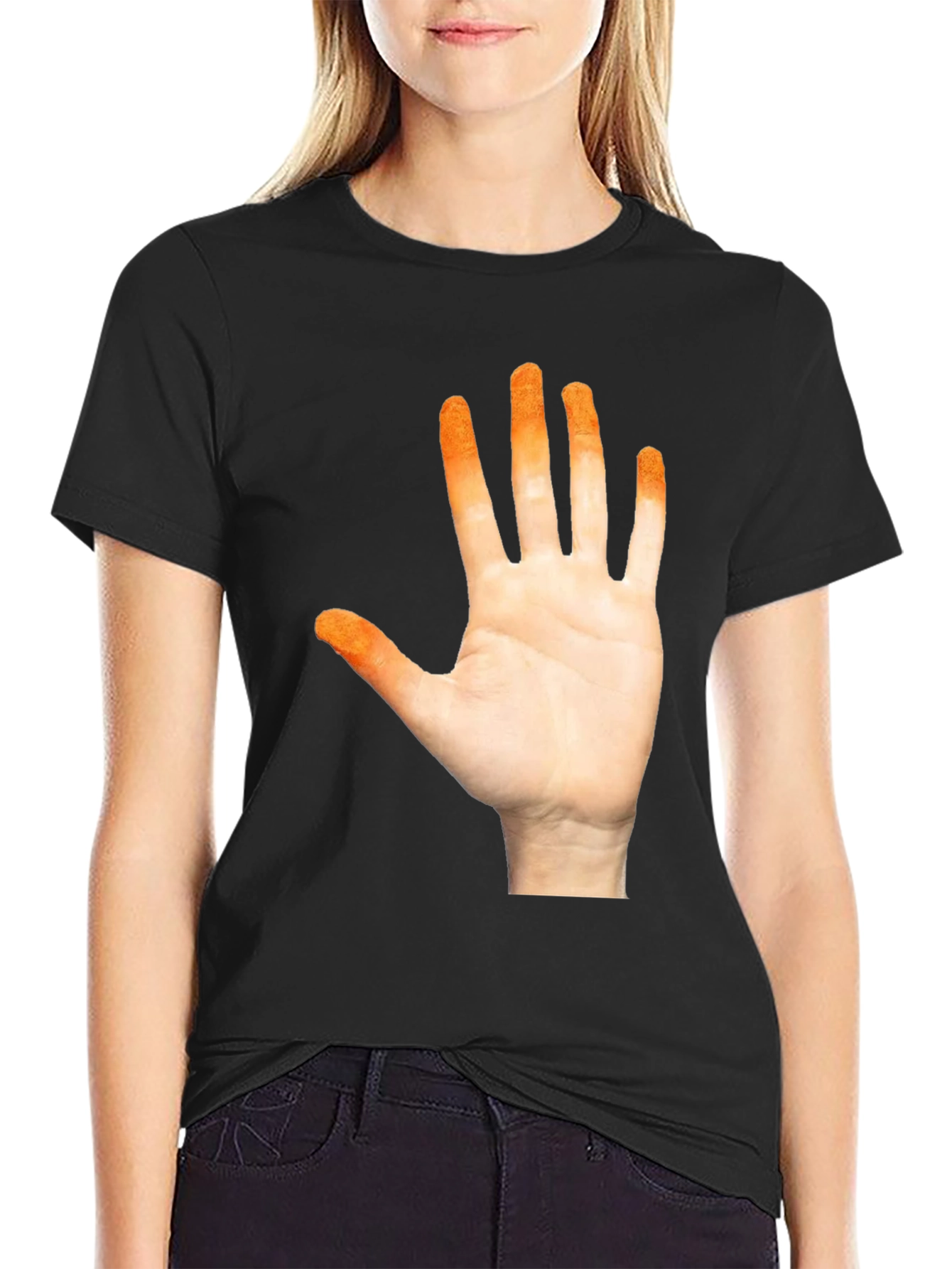 Orange Hand Print Black T-Shirt