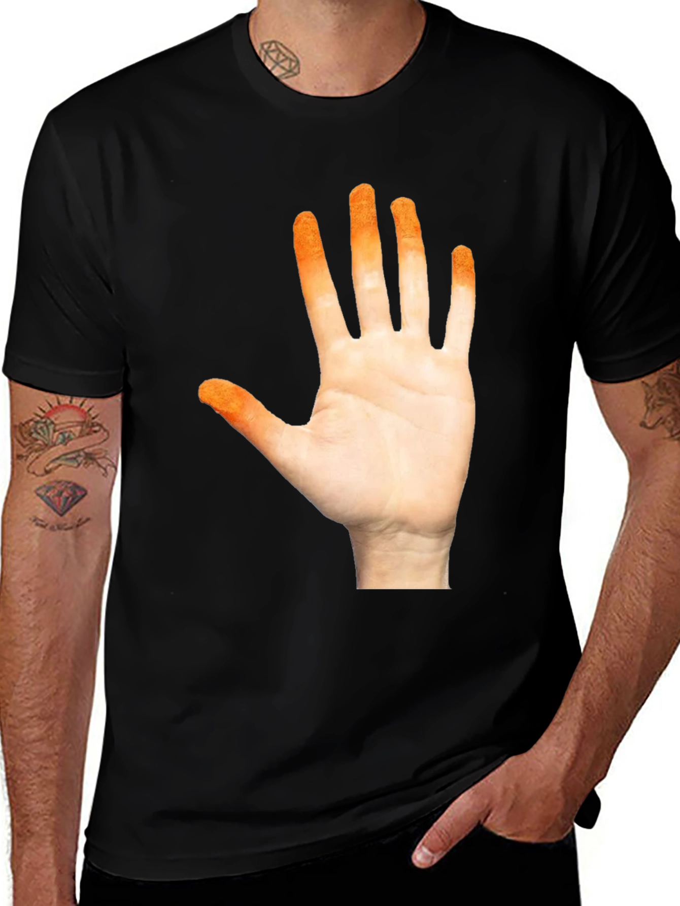Orange Hand Print Black T-Shirt