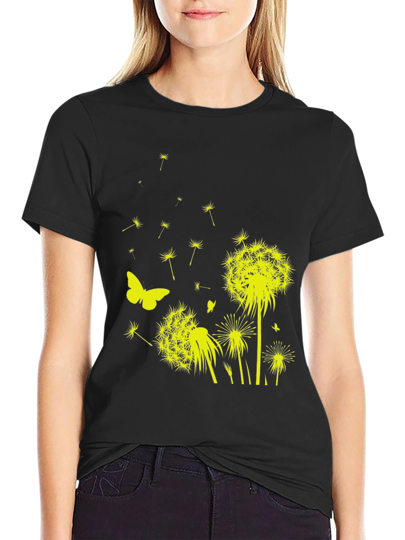 Dandelion Butterfly Graphic Tee - Black Cotton T-Shirt