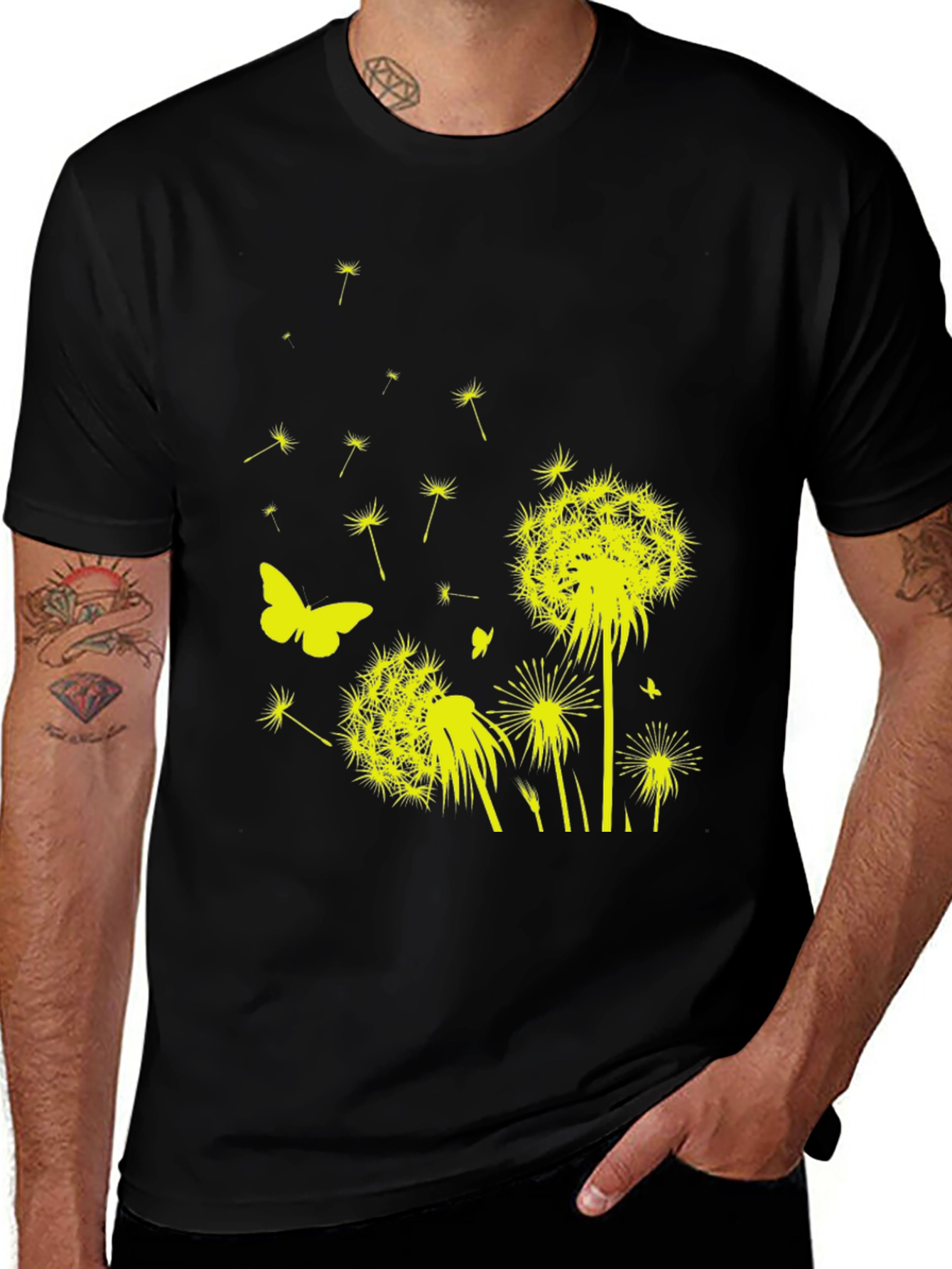 Dandelion Butterfly Graphic Tee - Black Cotton T-Shirt