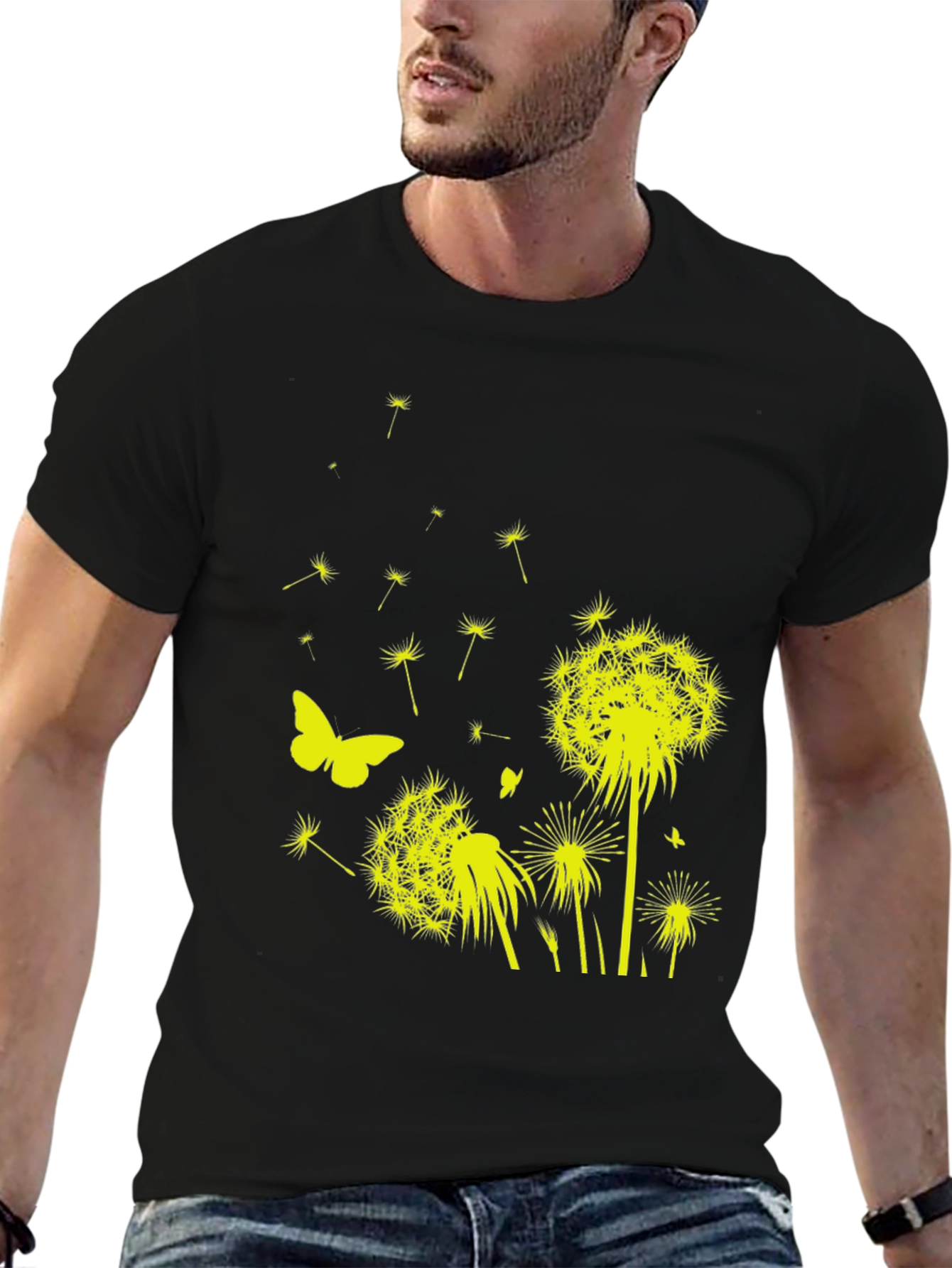 Dandelion Butterfly Graphic Tee - Black Cotton T-Shirt