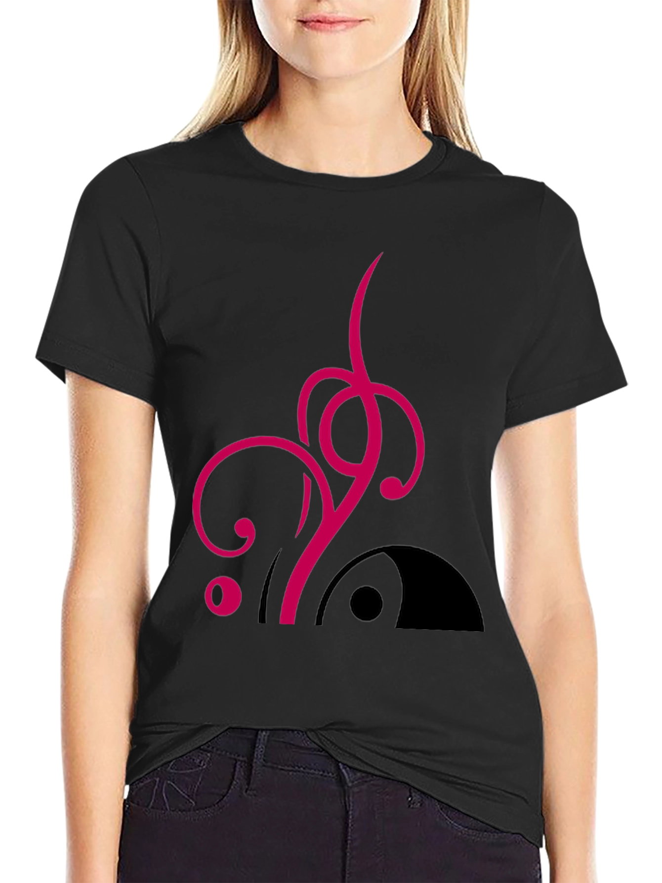 Stylish Black Tee with Abstract Pink Design