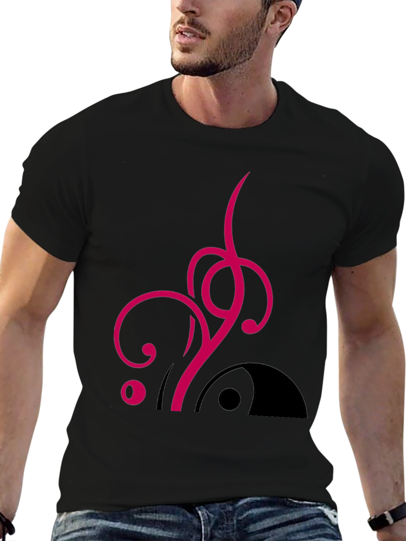 Stylish Black Tee with Abstract Pink Design