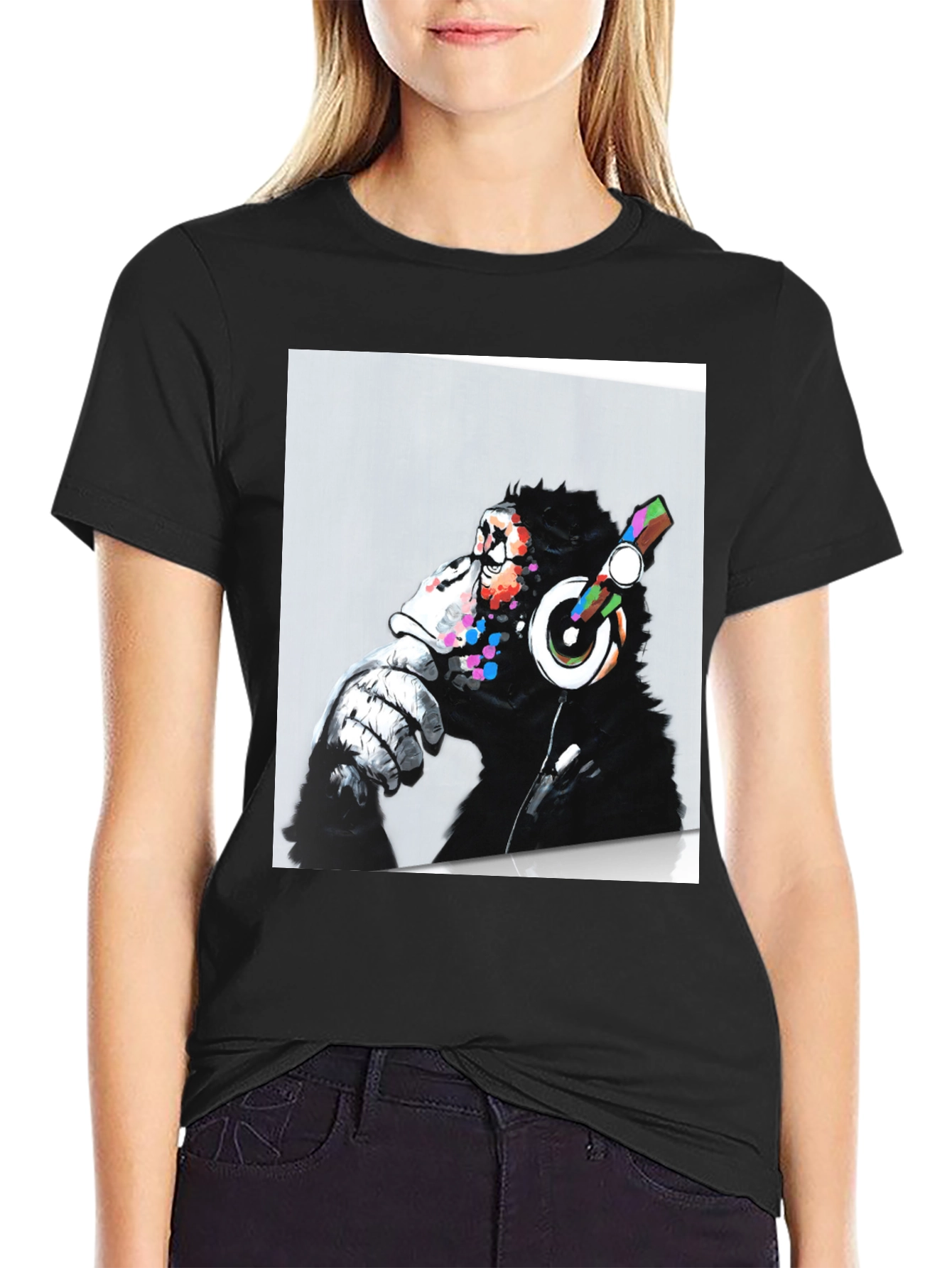 DJ Monkey Graphic Print Black T-Shirt