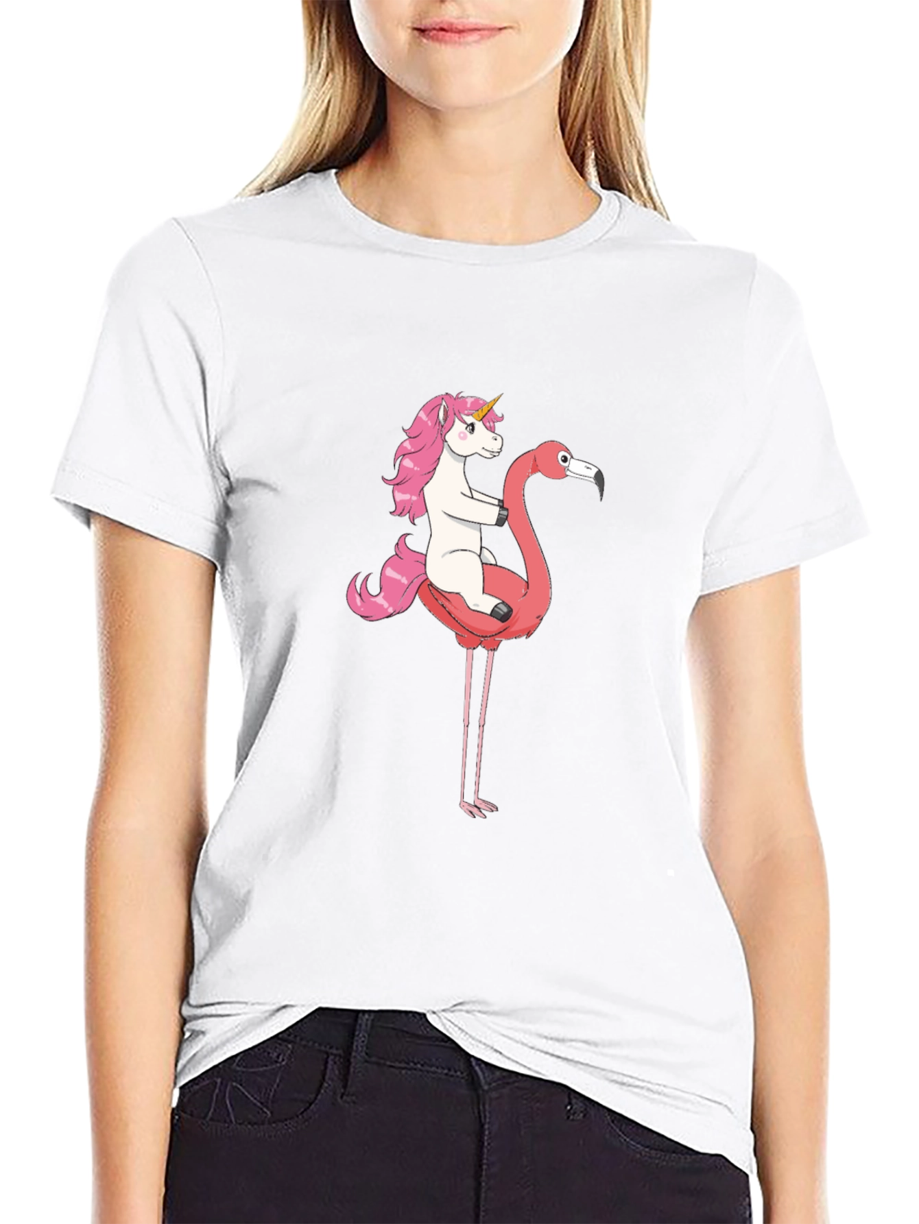 Unicorn Riding Flamingo Graphic T-Shirt