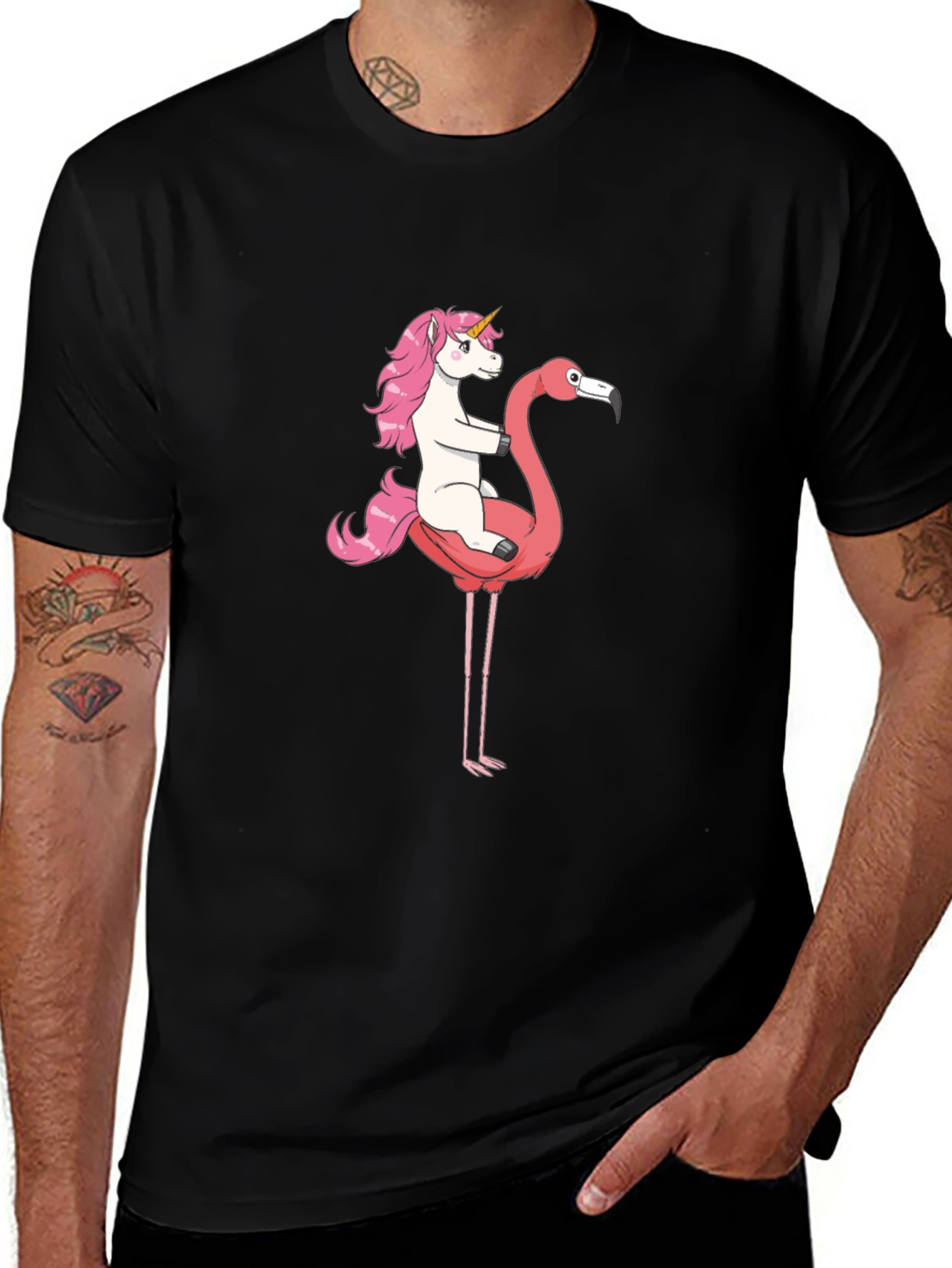 Unicorn Riding Flamingo Graphic T-Shirt