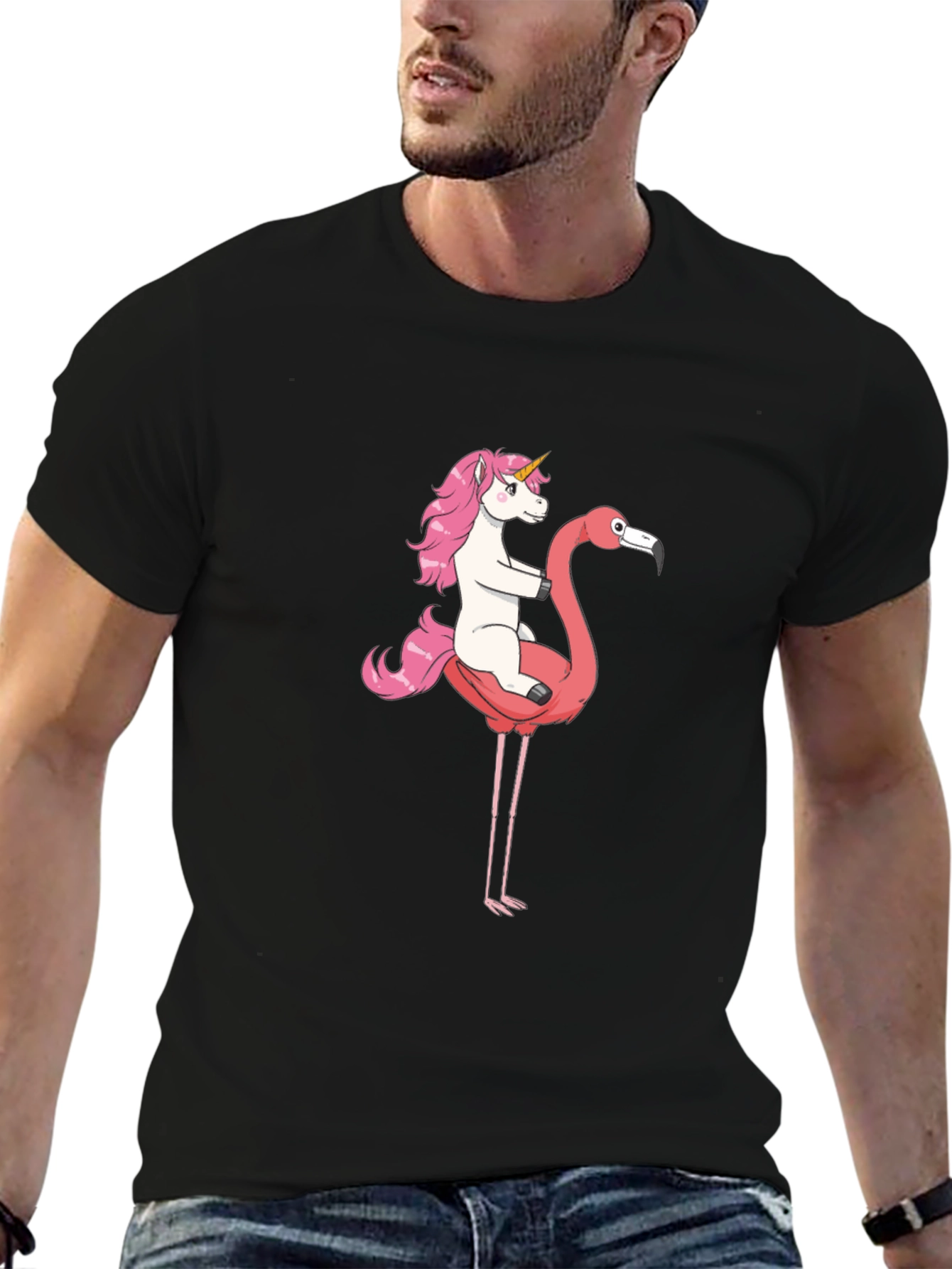 Unicorn Riding Flamingo Graphic T-Shirt