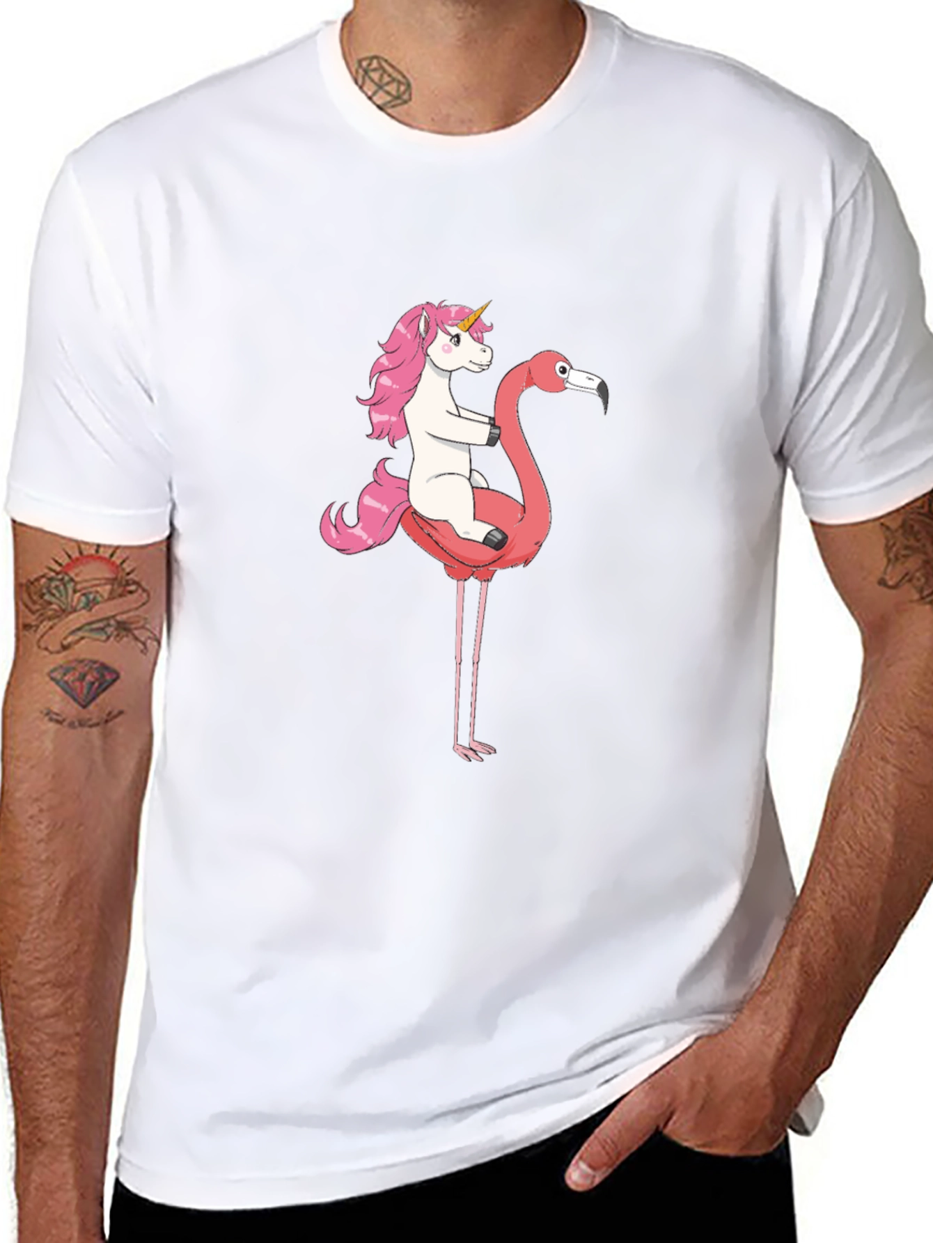 Unicorn Riding Flamingo Graphic T-Shirt