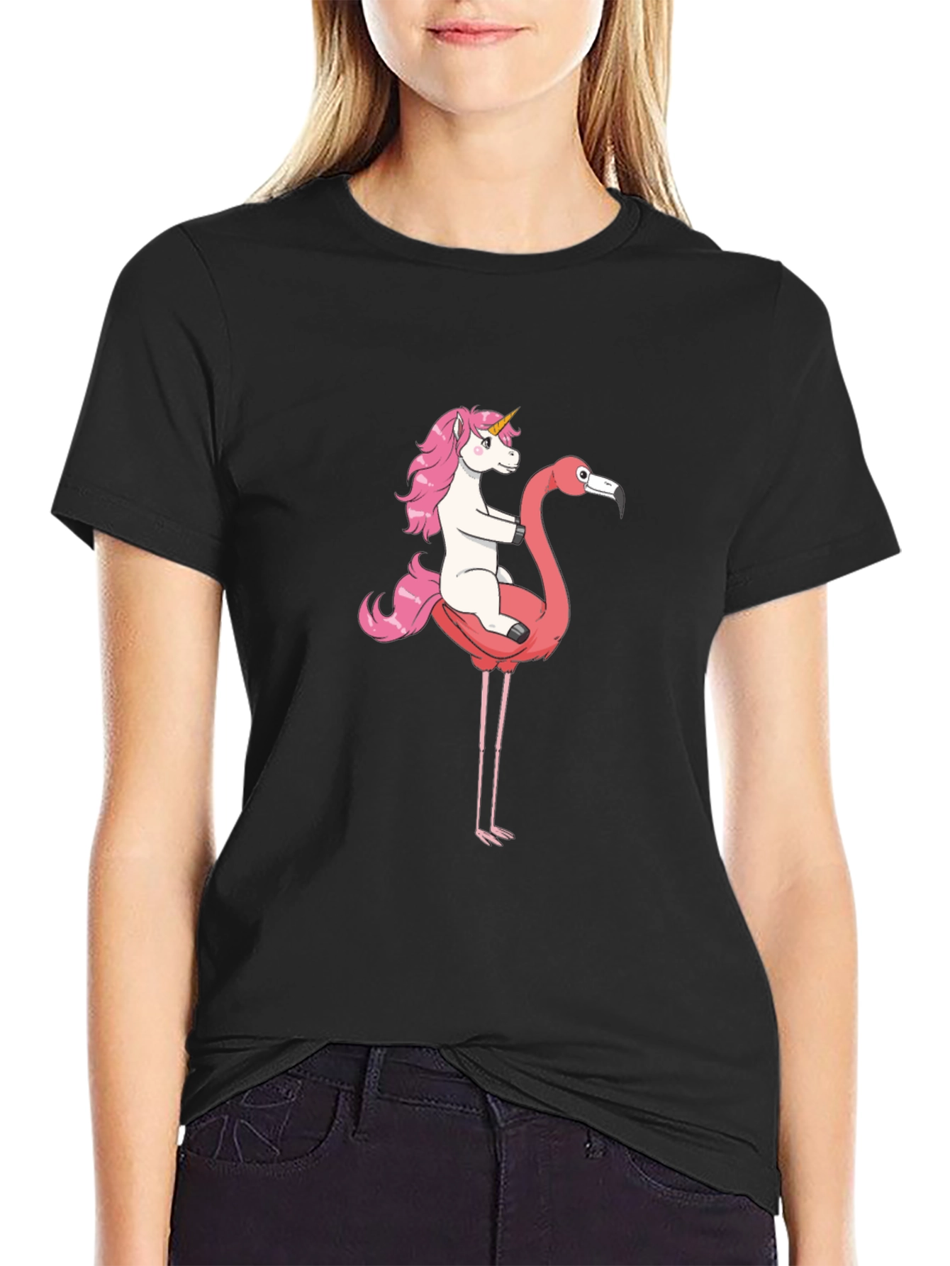 Unicorn Riding Flamingo Graphic T-Shirt